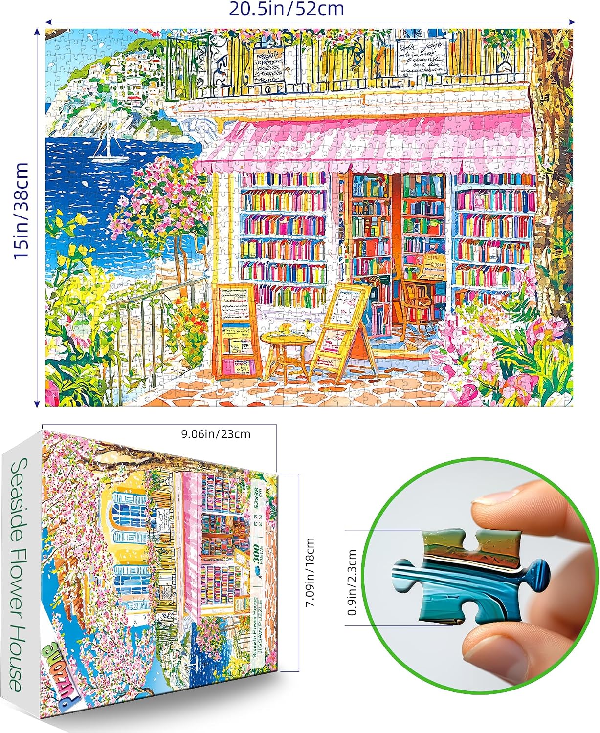 300 Piece Jigsaw Puzzle for Adults, Colorful Coastal Bookshop Puzzles, Spring Blossom Mediterranean Village Jigsaw Puzzles, Scenic Art Challenging Puzzles for Friends Family Activity Game Nights Gifts image 2