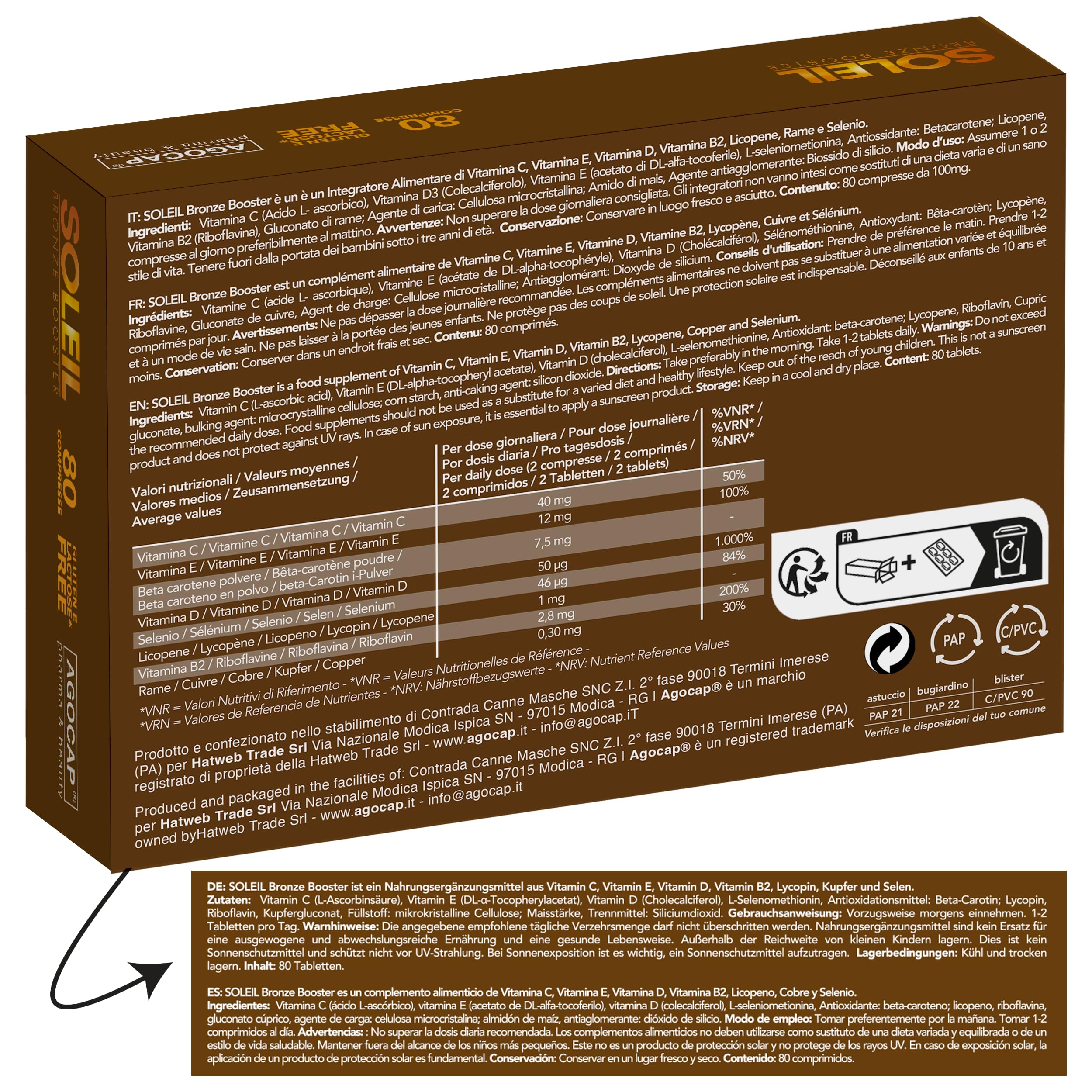 Acceleratore Abbronzatura Forte, SOLEIL. Integratore abbronzatura, 80 compresse con Betacarotene, Rame, Selenio, Licopene, Vitamine C, D, E, B. Autoabbronzante corpo - Prepara, Accelera e mantiene
