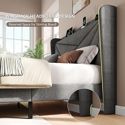 Miniatura 5 de iPormis Marco de cama tamaño completo con estación de carga, marco de cama de plataforma de lino con cabecera tapizada con respaldo alado, soporte