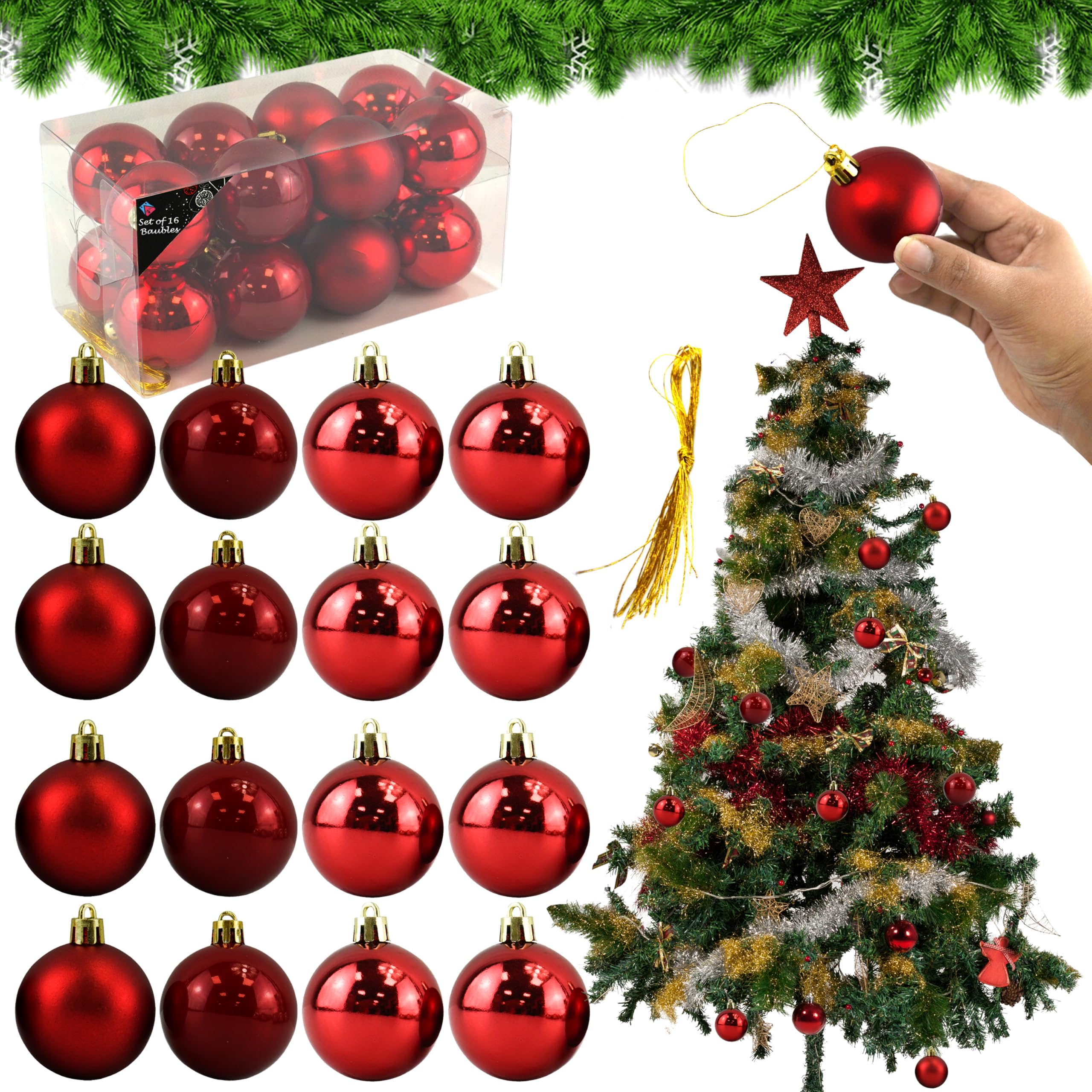 Srv Hub 16Pk - Red Baubles 16Pcs Red Christmas Baubles 50Mm - Glossy, Shiny, Matte Balls Hanging Ornaments For Christmas Tree Holiday Decorations