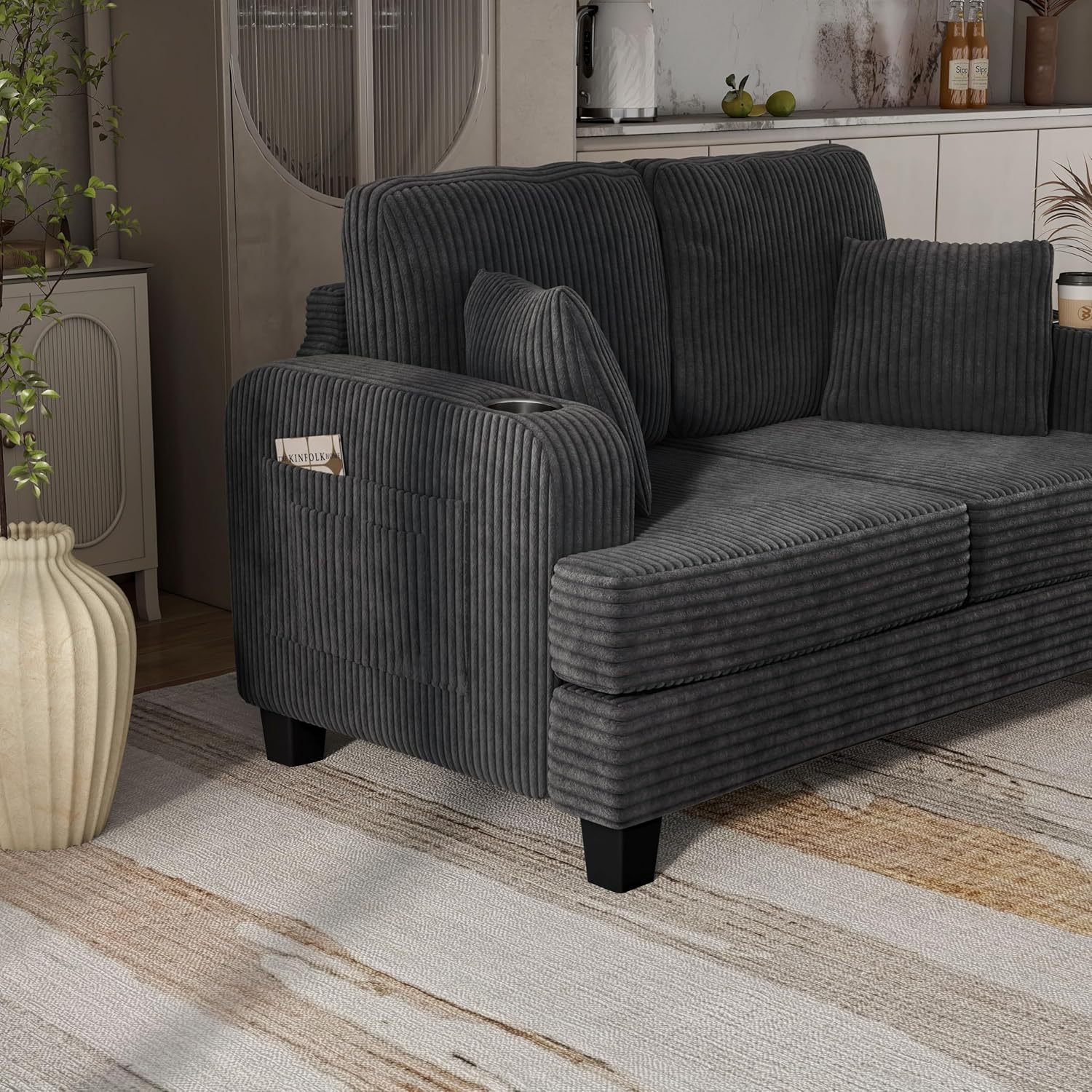Homes: Inside + Out Reese Modern Plush Chenille Comfortable Loveseat with Side Pockets, Cup Holders and Pillows, Wooden Soft Couch for Living Room, Bedroom and Office, Dark Grey