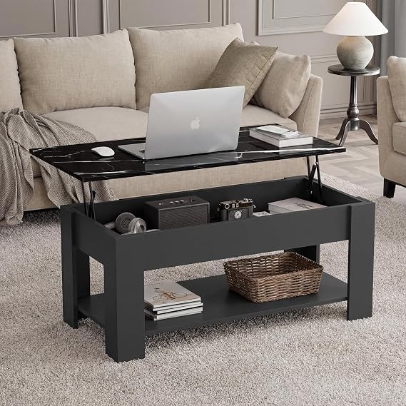 Blisswood Coffee Table With Storage, Lift Up Coffee Tables for Living Room, Wooden Coffee Table With 1 Shelf Large Hidden Storage Modern Rectangular Sofa End Lift-Top Tea Table Grey + Black Marble