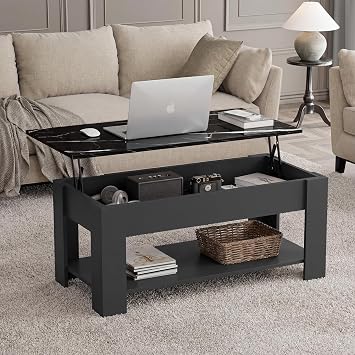 Blisswood Coffee Table With Storage, Lift Up Coffee Tables for Living Room, Wooden Coffee Table With 1 Shelf Large Hidden Storage Modern Rectangular Sofa End Lift-Top Tea Table Grey + Black Marble
