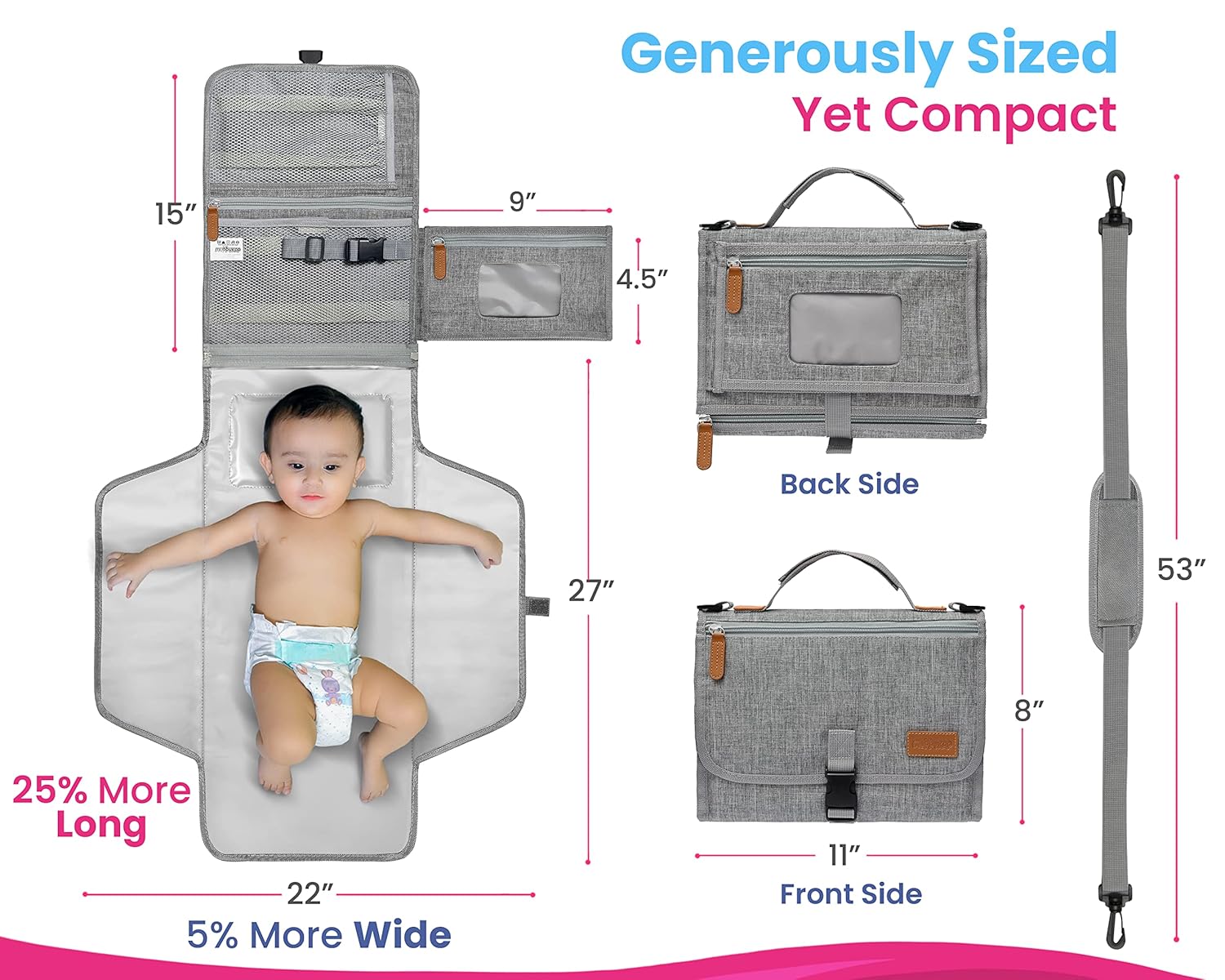 Portable Changing Pad with Shoulder Strap - 27"X22" Detachable Changing Mat - One Hand Fold/Unfold, Lightweight & Waterproof - Diaper Changing Pad for Baby Shower Gifts - Baby Essentials for Newborn : Baby