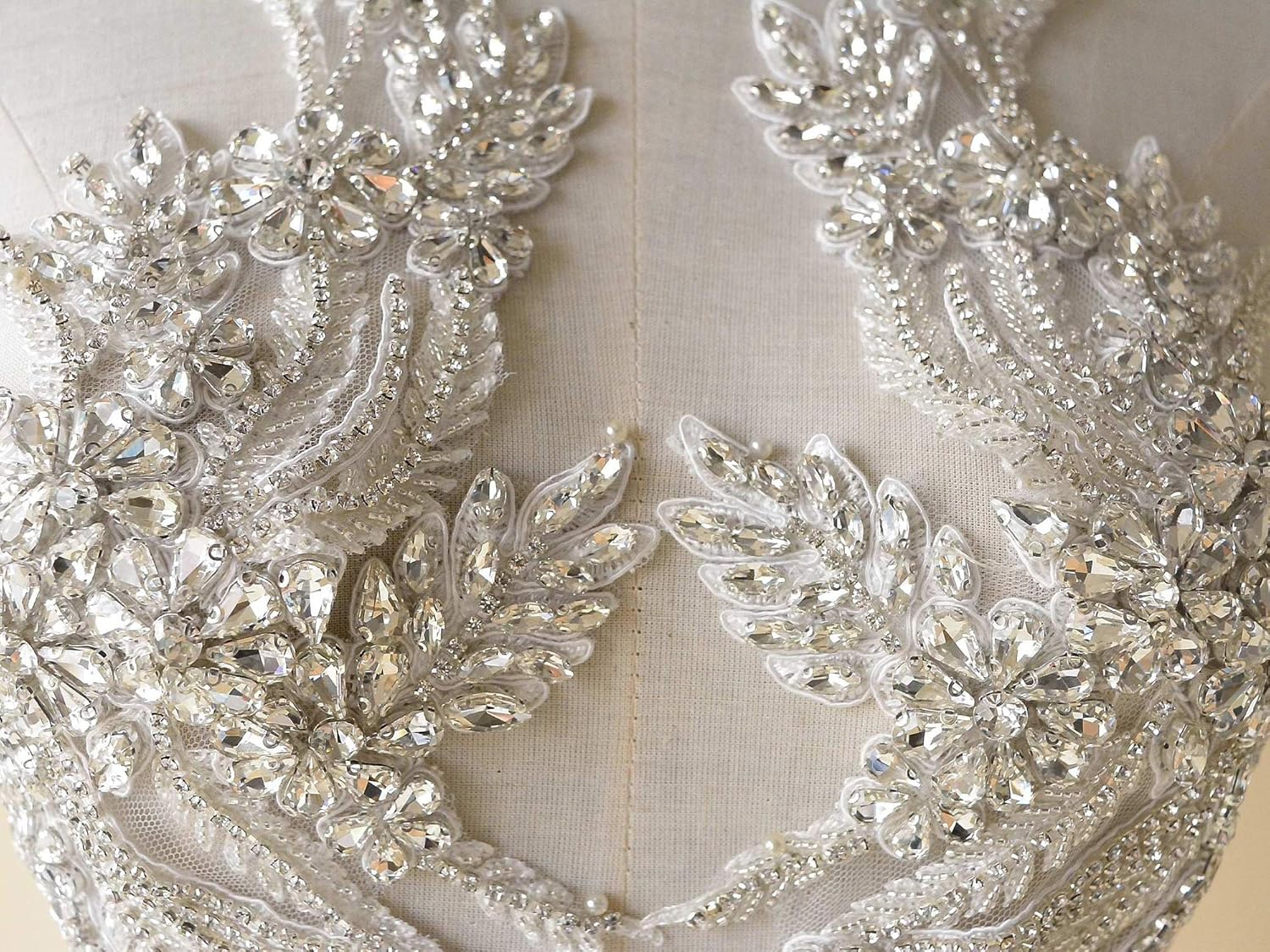 Sparkling Rhinestone Applique Handmade Heavy Beads Motif Diamante Crystal Lace Patch Craft DIY Sewing on Bridal Wedding Dress