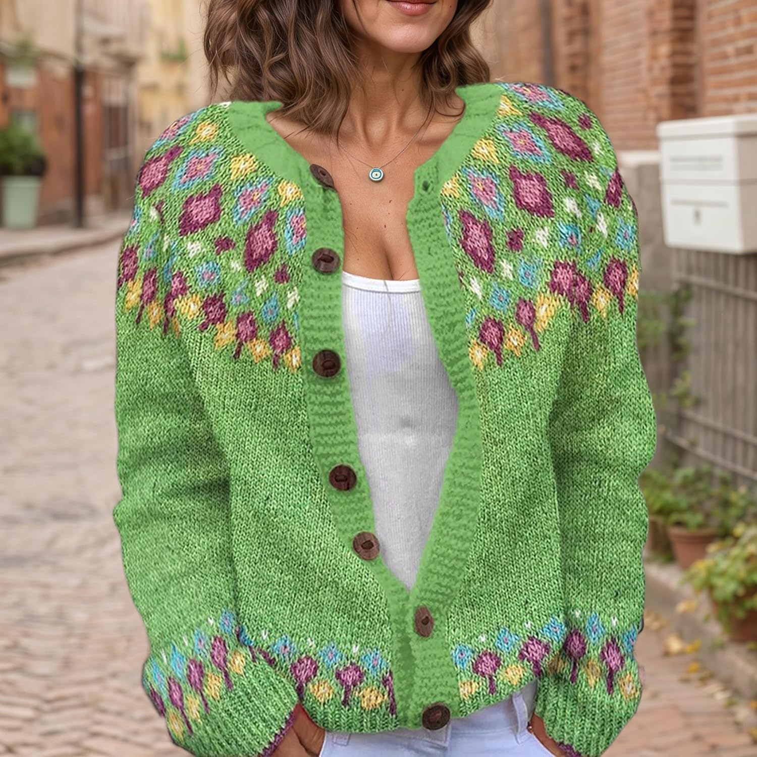 Women's Fair Isle Pattern Knit Cardigan Sweater Vintage Button Down Open Front Jacket Coat for Fall & Winter 2025 - Image 2