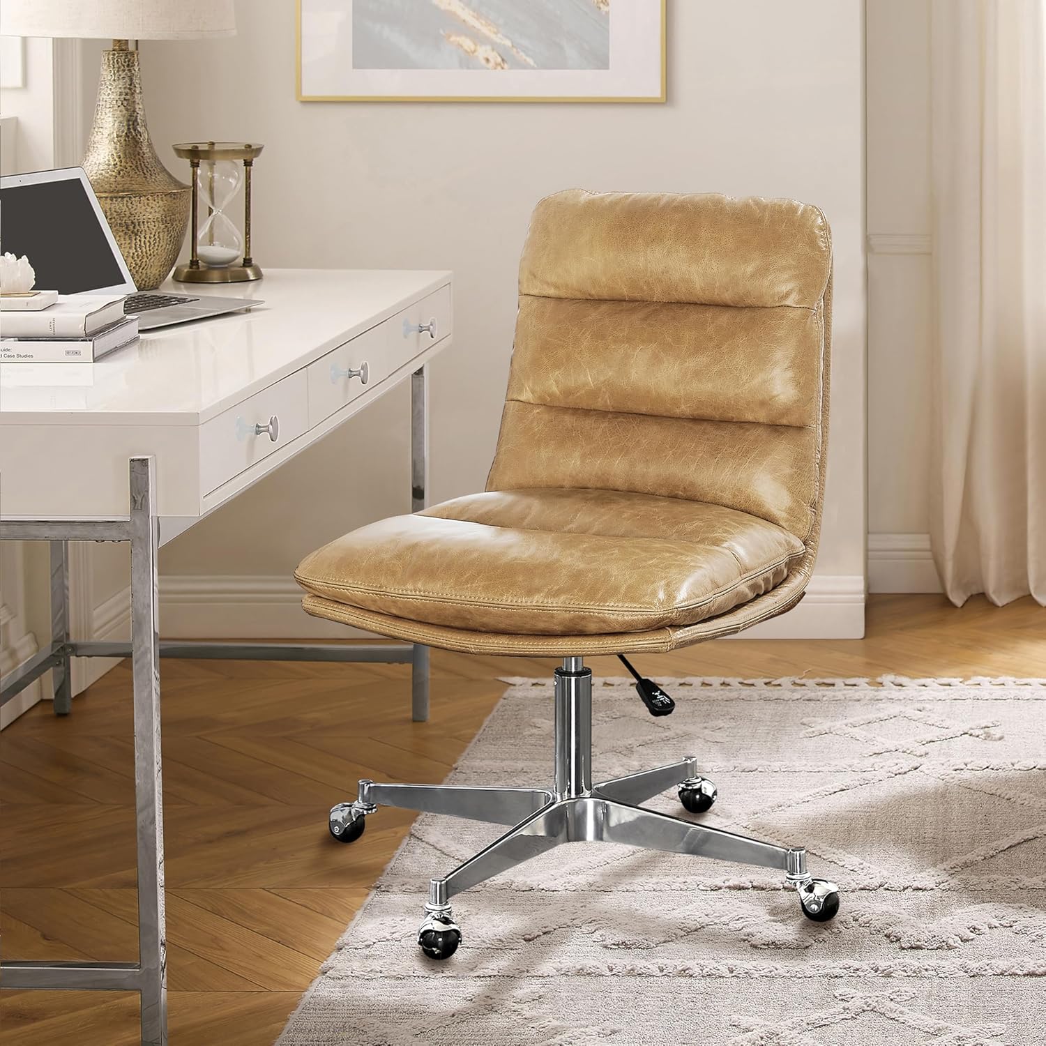 Art Leon Armless Office Desk Chair, Genuine Leather Swivel Task Chair, Mid Century Modern Adjustable Height Office Chair with Wheels, Brown