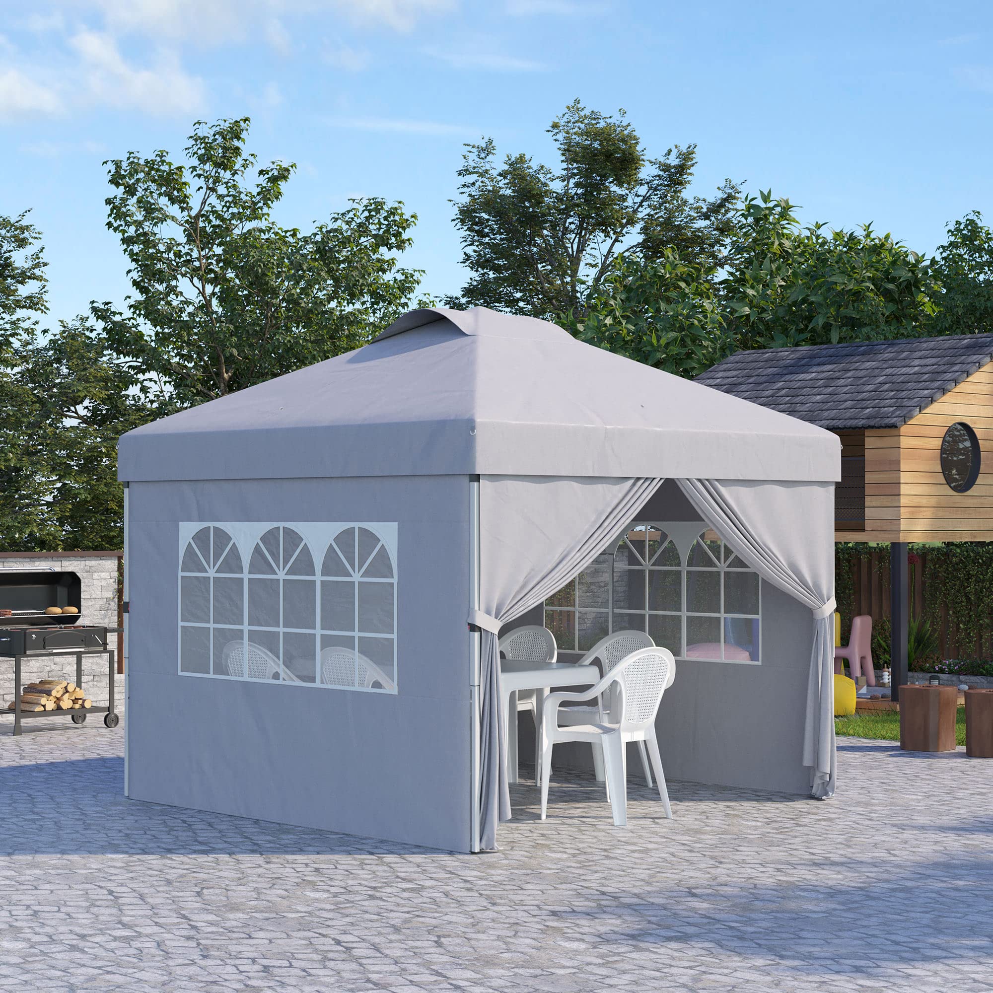 Outsunny Gazebo Pieghevole 3x3 m Pop Up Altezza Regolabile Grigio Chiaro | Porta, 2 Finestre, Borsa da Trasporto, Gazebo da Esterno, Acciaio Oxford, UV30+, Giardino, Feste, Campeggio