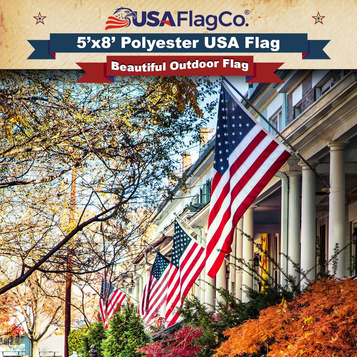 USA Flag Co. 5x8 Polyester American Flag - Embroidered Stars and Sewn Stripes Withstands Harsh Wind, Sun, Dirt, and Moisture Areas - Made in the USA