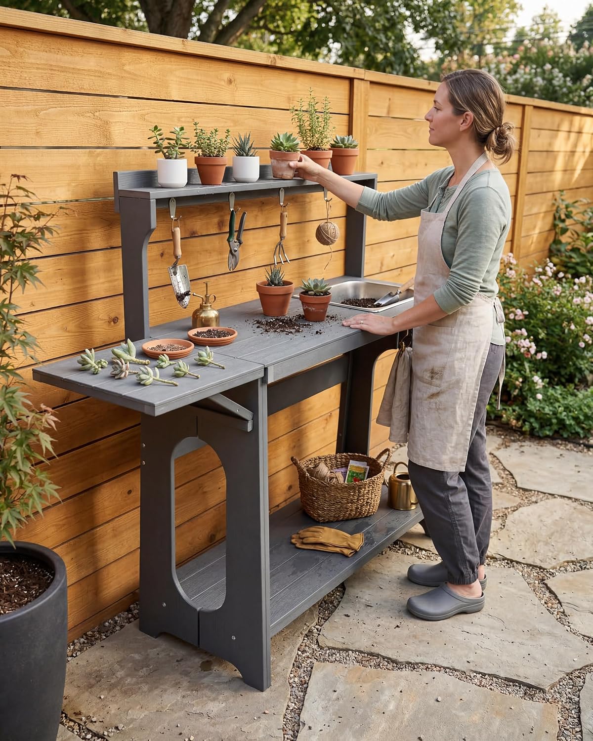 Potting Bench Outdoor with Foldable Extension & Removable Sink, HIPS Potting Table with Storage Shelves & Tool Hooks, All-Weather Garden Work Bench for Patio Backyard Deck, Potting Benches, Gray