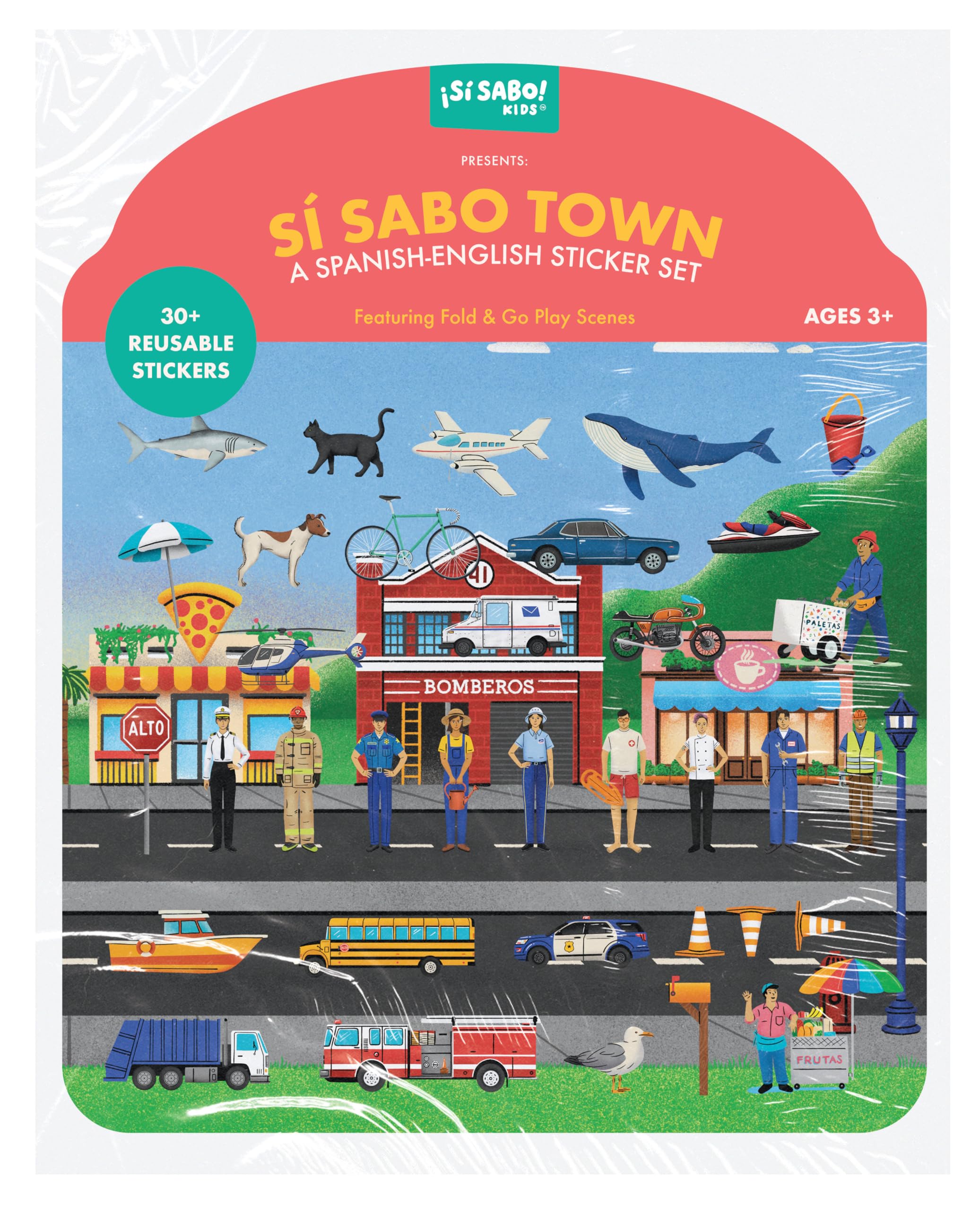 Sí Sabo Town: A Bilingual Reusable Sticker Play Set: Learn Spanish-English Language Skills with 30+ Reusable Stickers and 2 Fold-Out Play & Go Scenes (Sí Sabo Kids): 8
