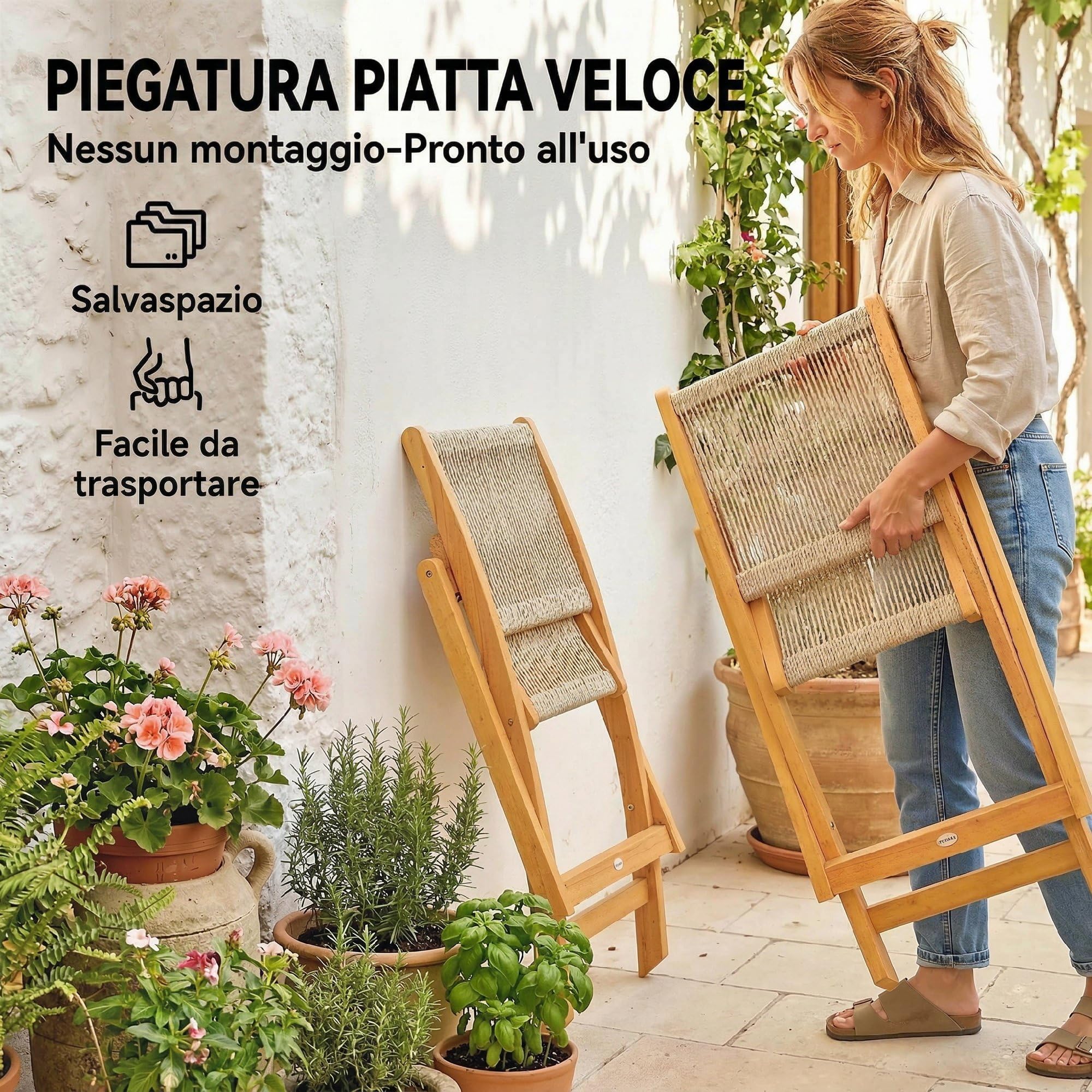 Outsunny Set di 2 Sedie da Giardino in Rattan PP, Sedie Pieghevoli da Esterno, Struttura in Legno di Acacia, per Balcone, Terrazza, Supporto fino a 160 kg, Beige