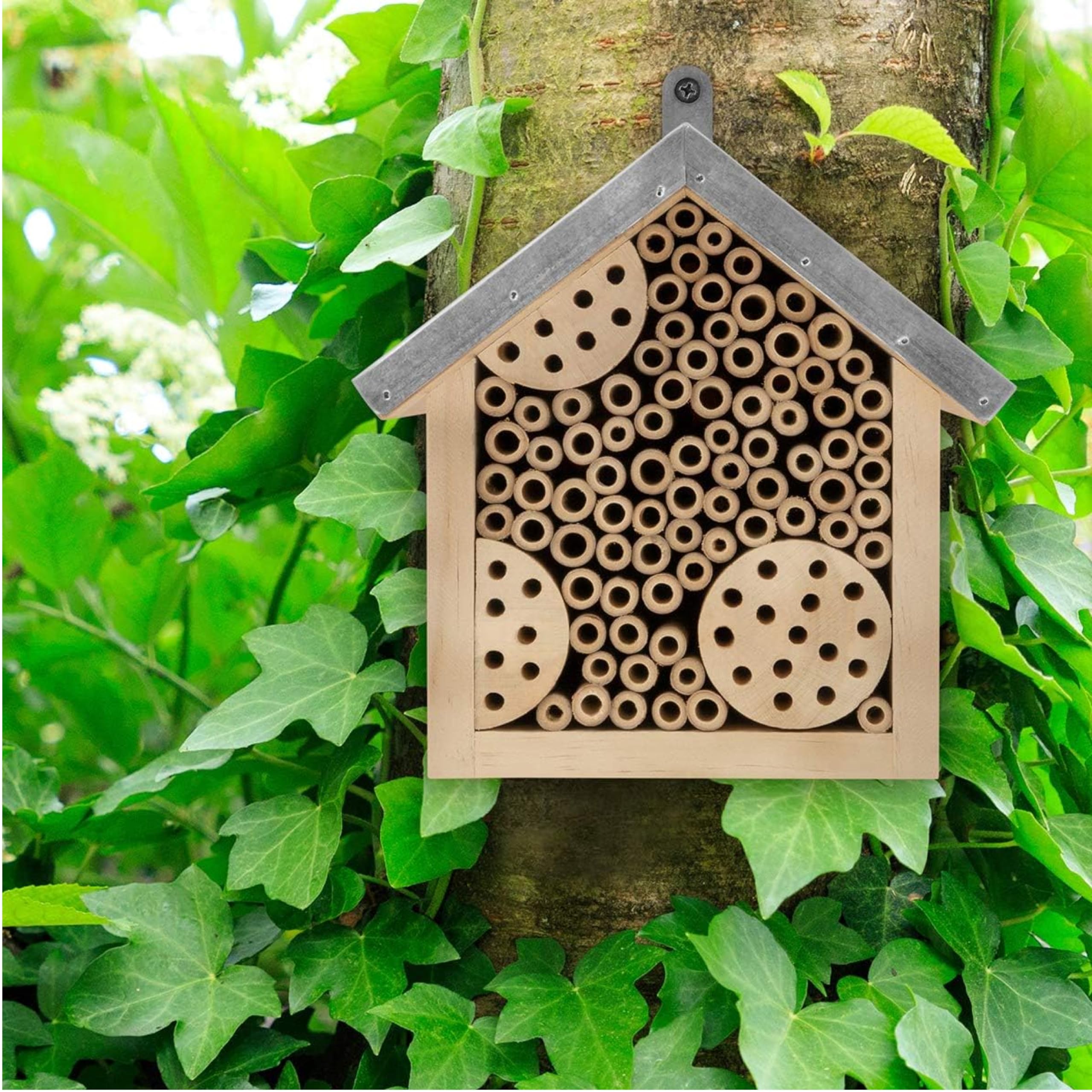 WILDLIFE FRIEND I Hotel de Abejas con Techo de Metal, Hotel de Insectos de Abejas Silvestres - premontado de Madera de Pino y 100% Resistente a la Intemperie
