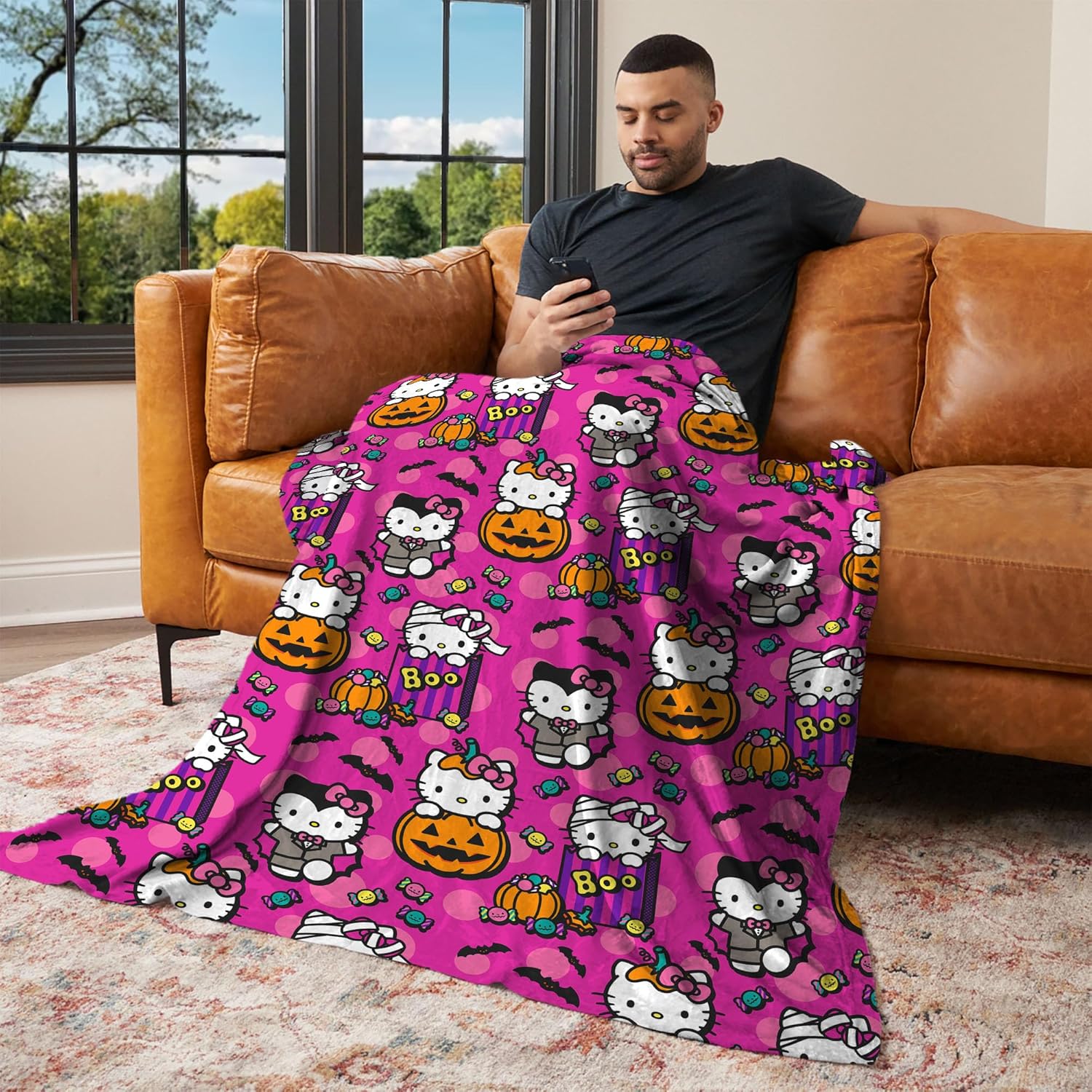 Hello Kitty Monster Meows Halloween Silk Touch Throw Blanket for Bed and Couch, Cozy, Soft & Lightweight, Spooky Blankets, 50x70 inches