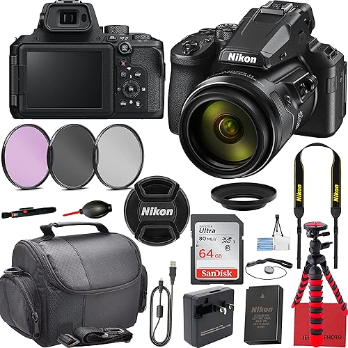 Nikon COOLPIX P950 Ultimate Bundle: zoom óptico 83x, video 4K UHD, tarjeta SD de 64 GB, bolsa para cámara, trípode, kit de filtro de 3 piezas,