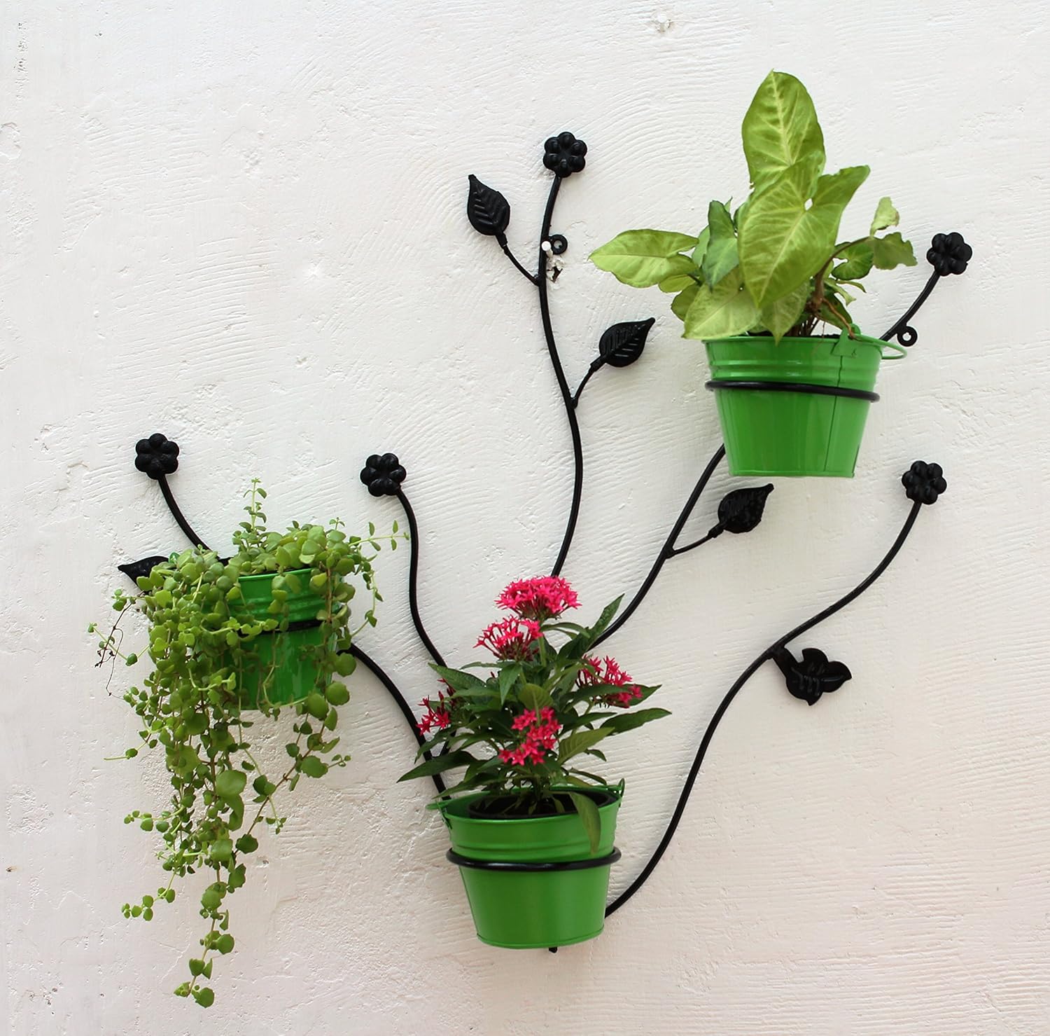 Green Gardenia Iron Leaf Wall Bracket with Metal Bucket/Wall Planter