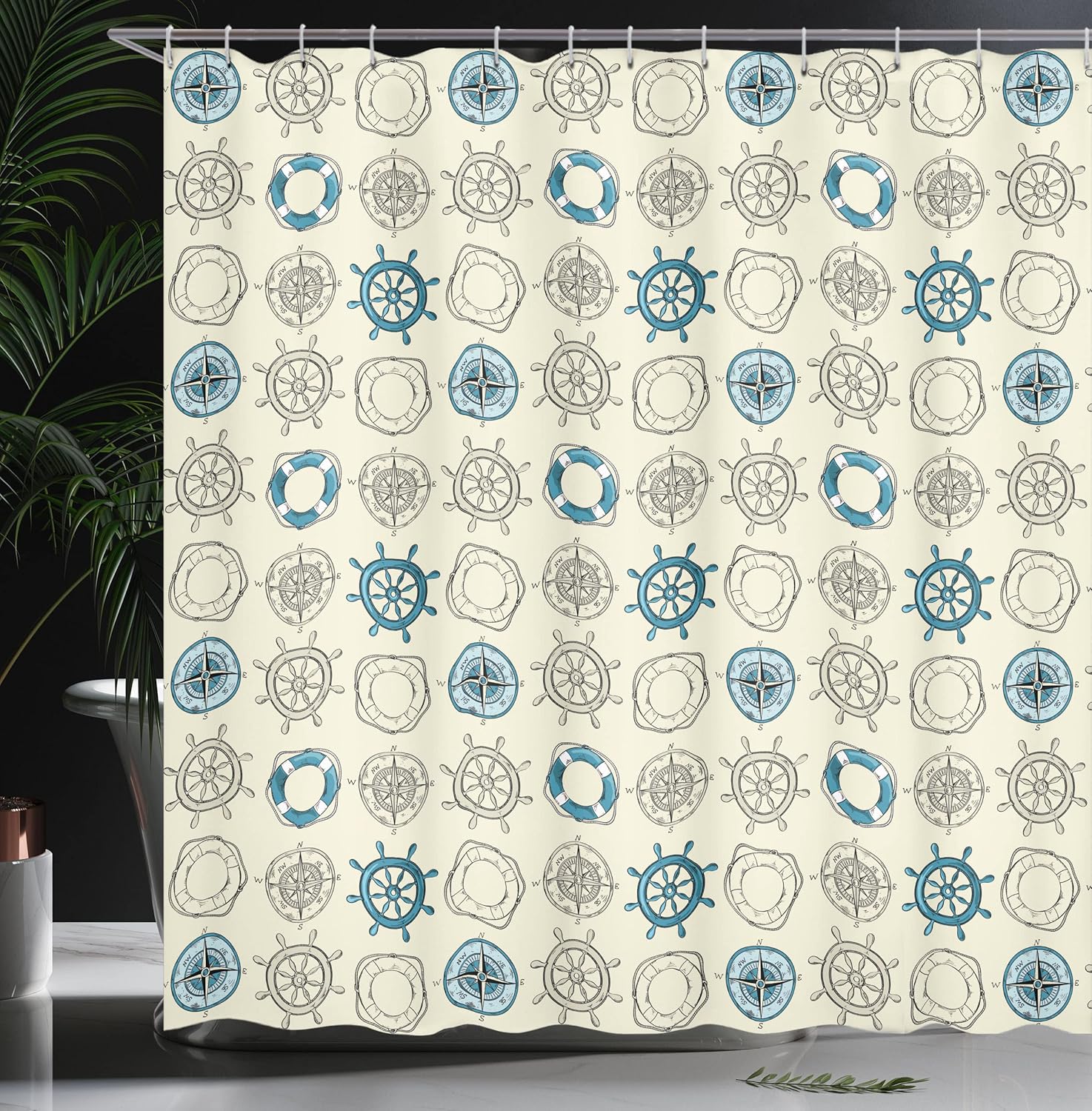 Ambesonne Compass Shower Curtain, Marine Themed Doodle Art Vintage Inspirations Traveling Exploration Cruise Pattern, Cloth Fabric Bathroom Decor Set with Hooks, 69" W x 70" L, Beige Teal