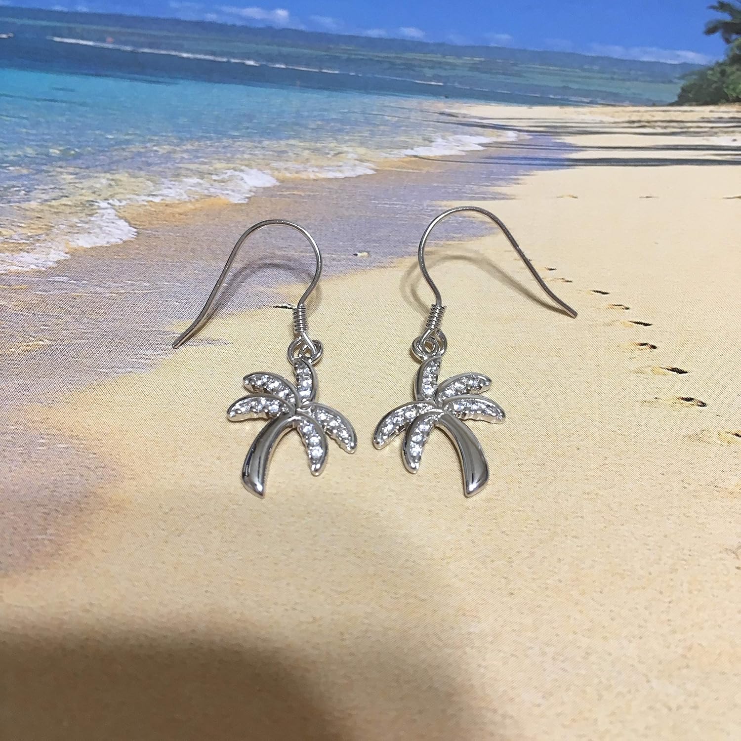 Beautiful Hawaiian Large Palm Tree Earring, Sterling Silver Palm Tree CZ Dangle Earring, E4022A