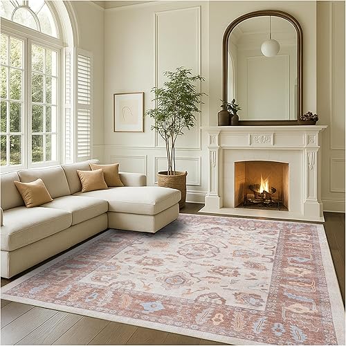 Fame Rugs Alfombra Oushak Moderna Marrón 6x9, Alfombra Vintage Turca Colorida Oriental Inspirada en Antigüedades Lavable de Área Grande, Lujo para