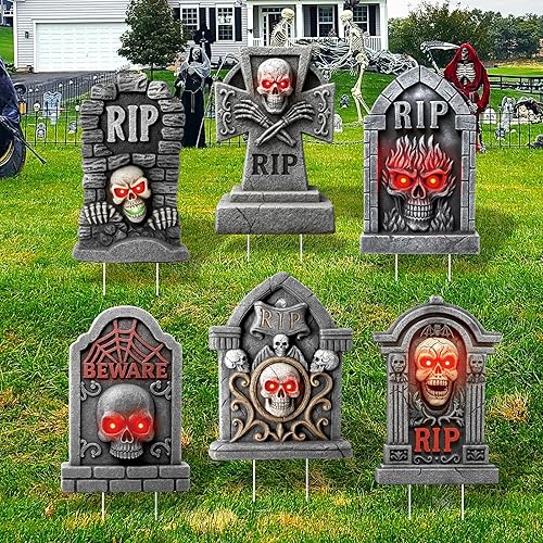Halloween Decorations Outdoor Scary Skull Tombstone Yard Signs 6Pcs with