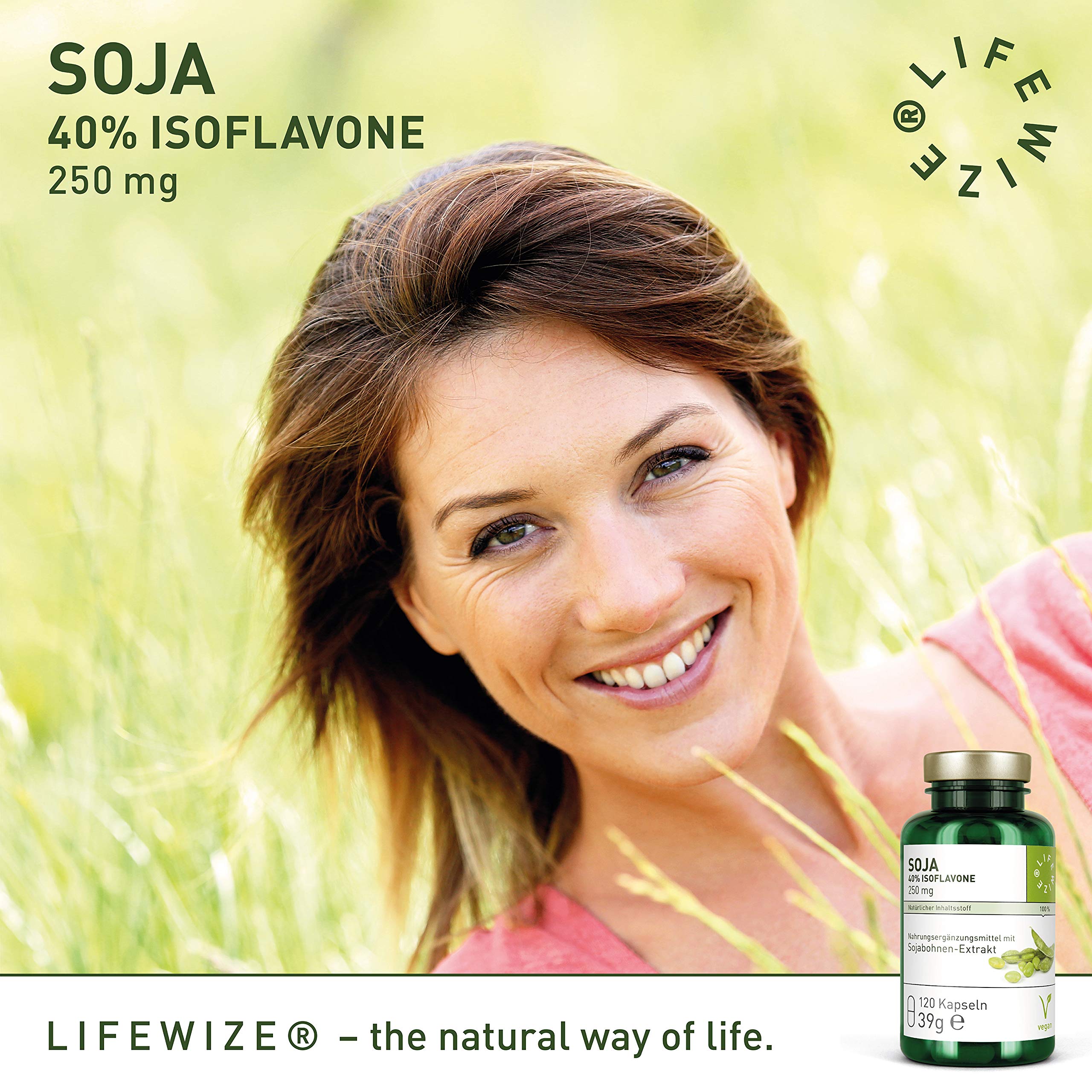 LifeWize® Soja Isoflavon Kapseln - 250mg - Echter Sojabohnen als 30:1 Extrakt mit 40% Isoflavone - 120 Kapseln - Vegan und ohne Zusatzstoffe