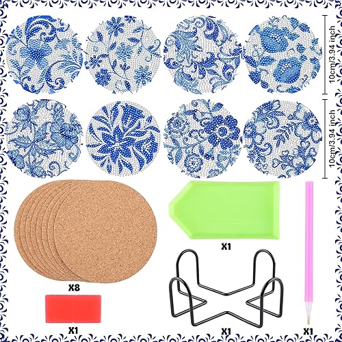 Miniatura 2 de Posavasos de arte de diamantes florales azules, posavasos de pintura de diamantes 5D de acrílico, posavasos decorativos con base de corcho para