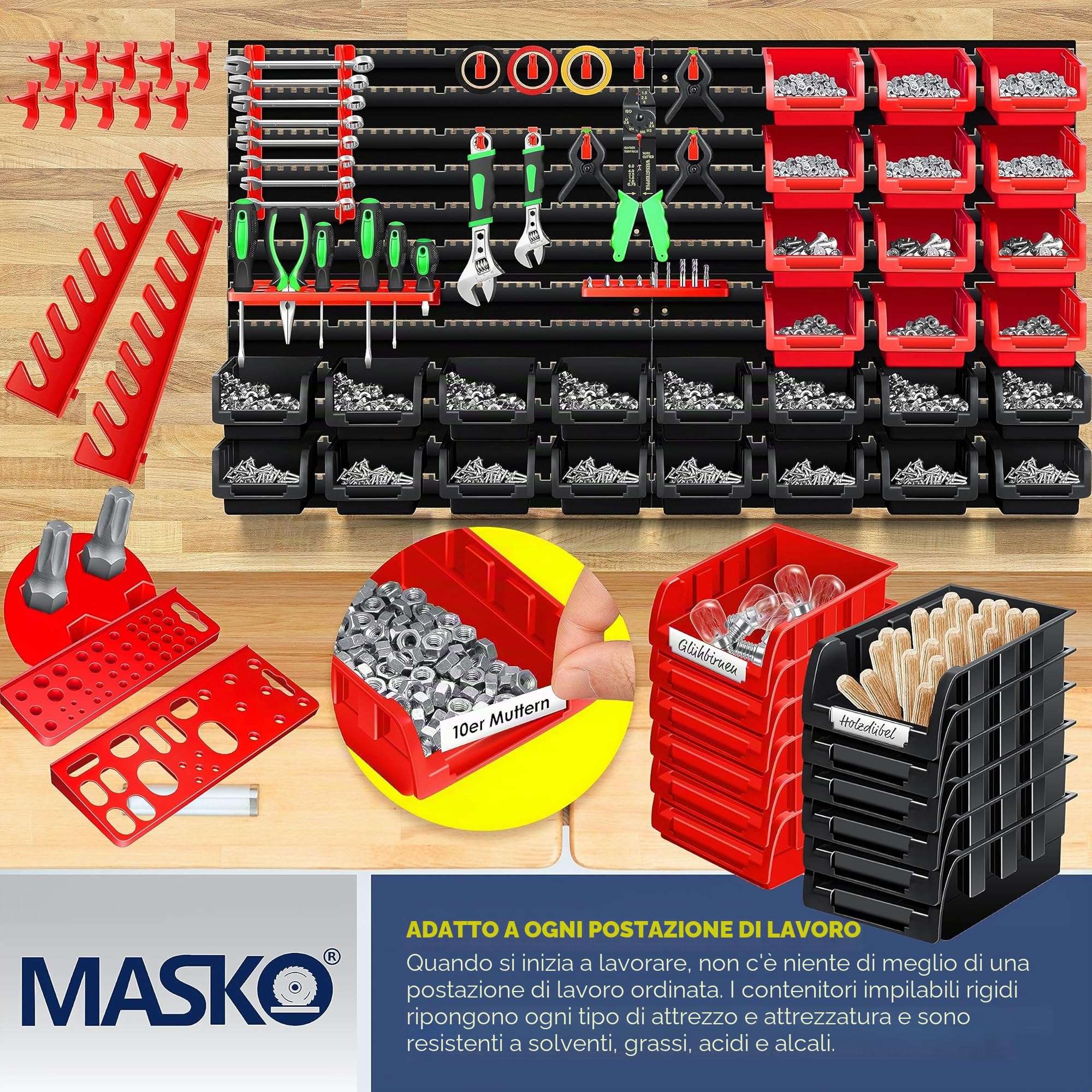 Masko® Scaffale da parete + Scatole impilabili + Portautensili, Espandibile, Scaffale da officina, Scatole portaoggetti visibili, 45 Parti - Nero/Rosso