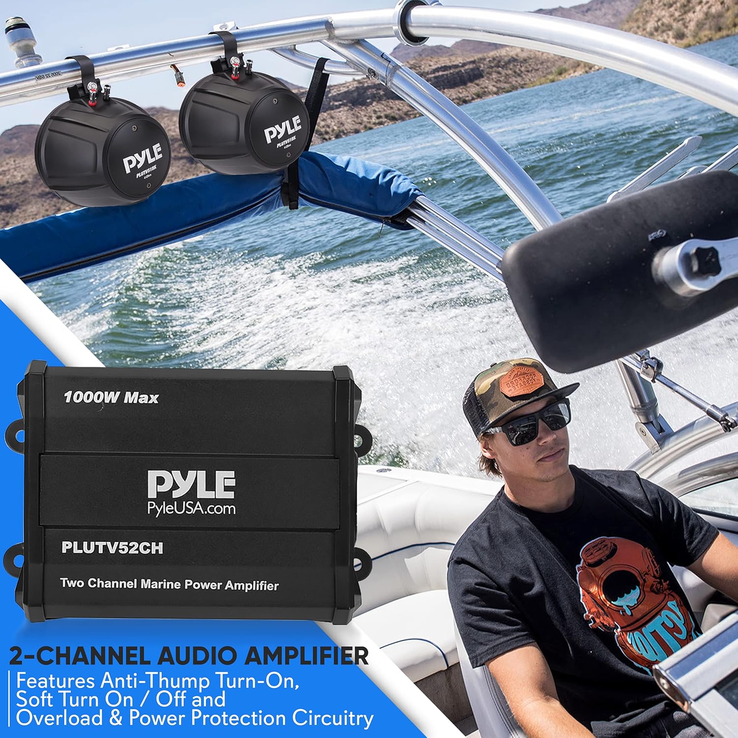 Waterproof Off-Road Speakers with Amplifier - 5.25 Inch 1000W 2-Channel Marine Grade Wakeboard Tower Speakers System Full Range Outdoor Audio Stereo Speaker for ATV UTV Quad Jeep Boat - Pyle PLUTV52CH