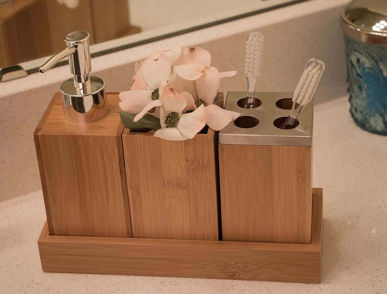 Clever Creations Premium Bamboo Bathroom Accessory 3 Piece Organizer Set with Tray Holder for Toothbrush, Hand Soap, and Flower