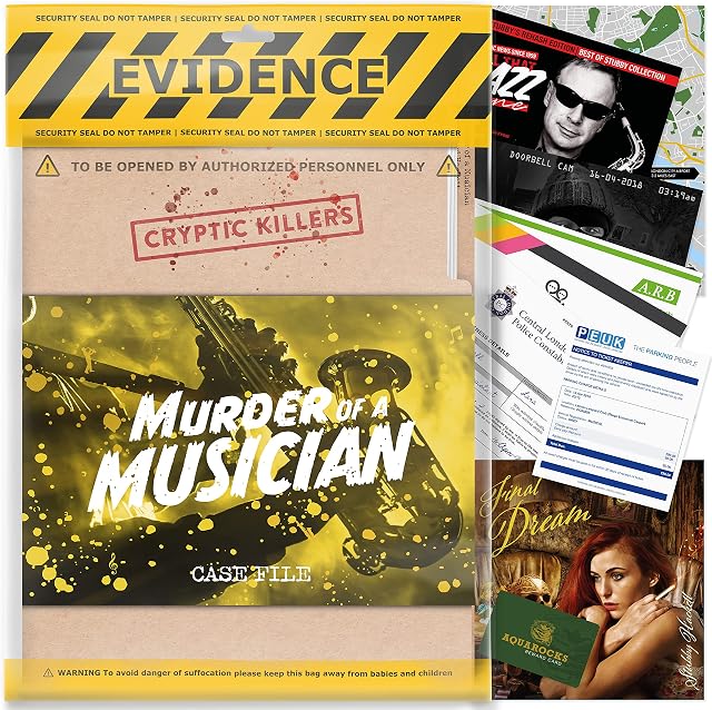 Unsolved murder mystery game - Cold Case Files Investigation - Detective clues / evidence - Solve the crime - Individuals, date nights & party groups - "Murder of a Musician" by CRYPTIC KILLERS