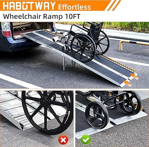 Miniatura 7 de HABUTWAY Rampa para silla de ruedas de 10 pies, rampa portátil para silla de ruedas con patas de apoyo, rampas dobles antideslizantes con capacidad