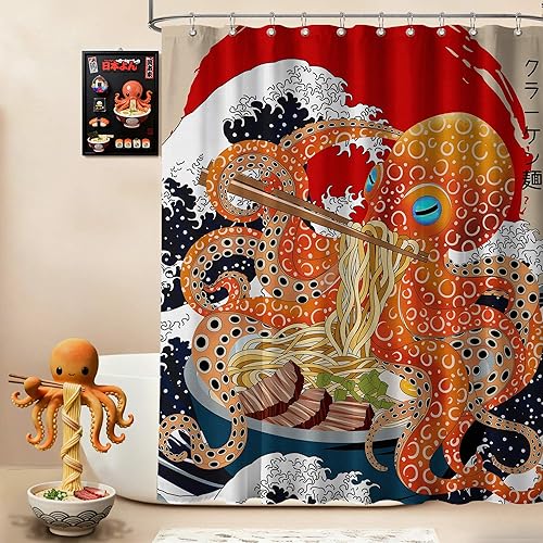 Miniatura 18 de Divertida cortina de ducha con diseño de gato japonés para juegos de decoración de baño, tela de tela impermeable con ganchos, 70 x 72 pulgadas