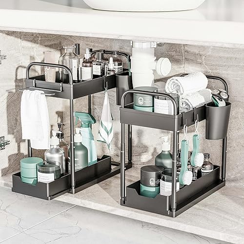 Paquete de 2 organizadores y almacenamiento para debajo del fregadero, organizador de 2 niveles de altura ajustable debajo del fregadero con 8