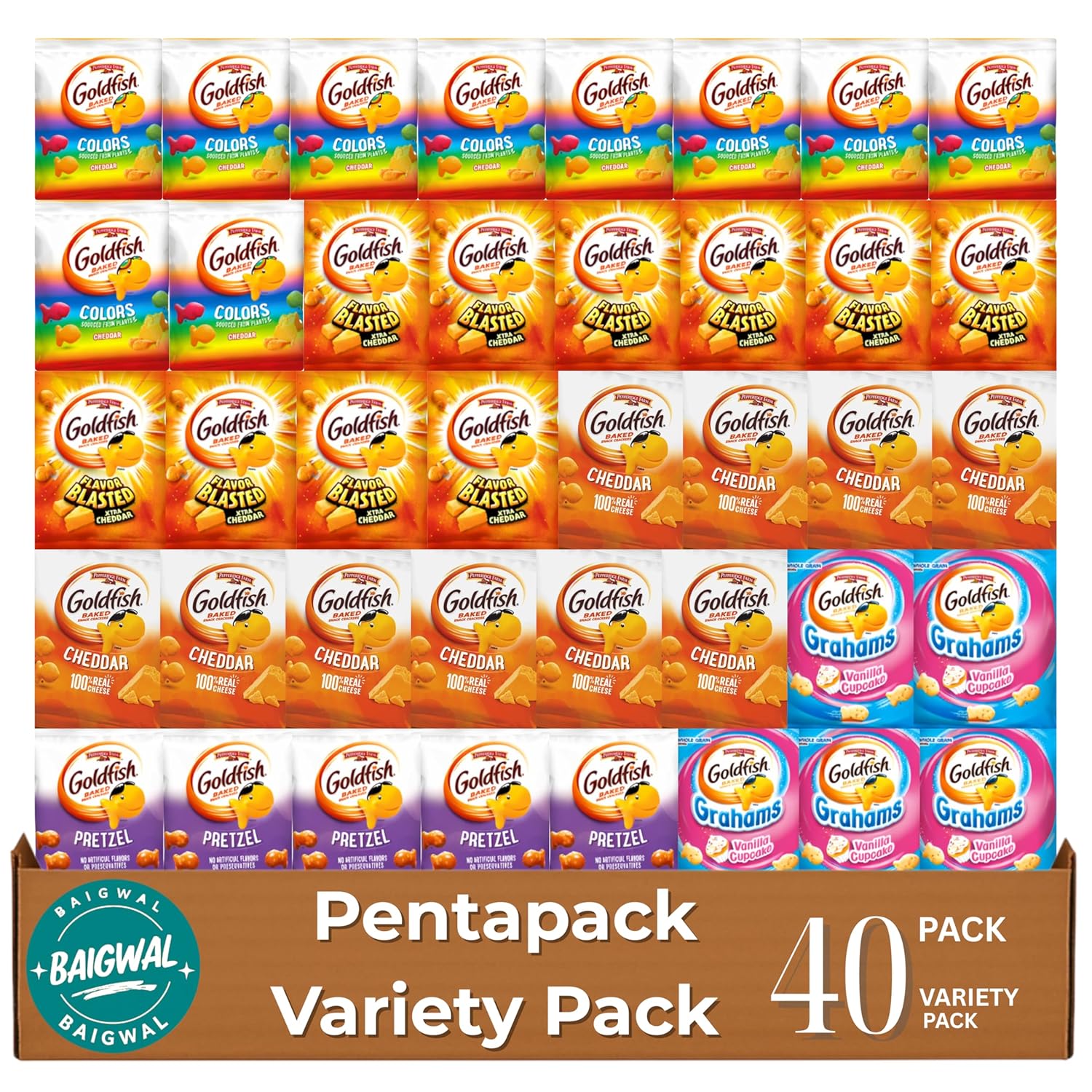 Variety Pack Gold-fish Crackers by Baigwal, Snack Packs, 40 Count Box