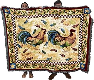Two French Roosters Blanket by Elena Vladykina - Country Farm Gift Tapestry Throw Woven from Cotton - Made in The USA (72x54)
