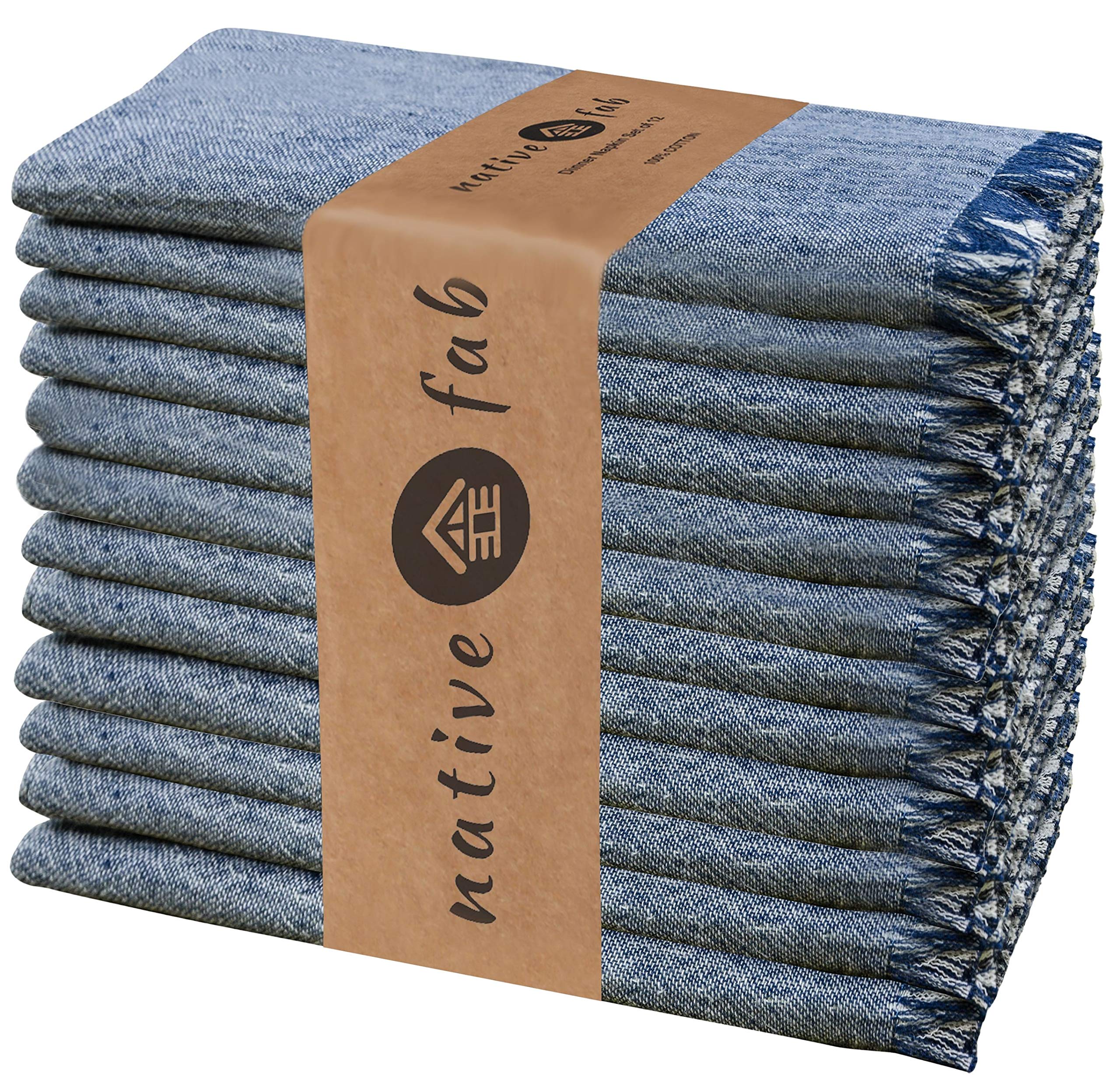 Native Fab Set of 12 Pre-washed Cloth Napkins Cotton 46x46 cm Durable Ultra Soft for Events Wedding Party Everyday Use, Absorbent Comfortable Washable Farmhouse Cloth Dinner Napkins Blue