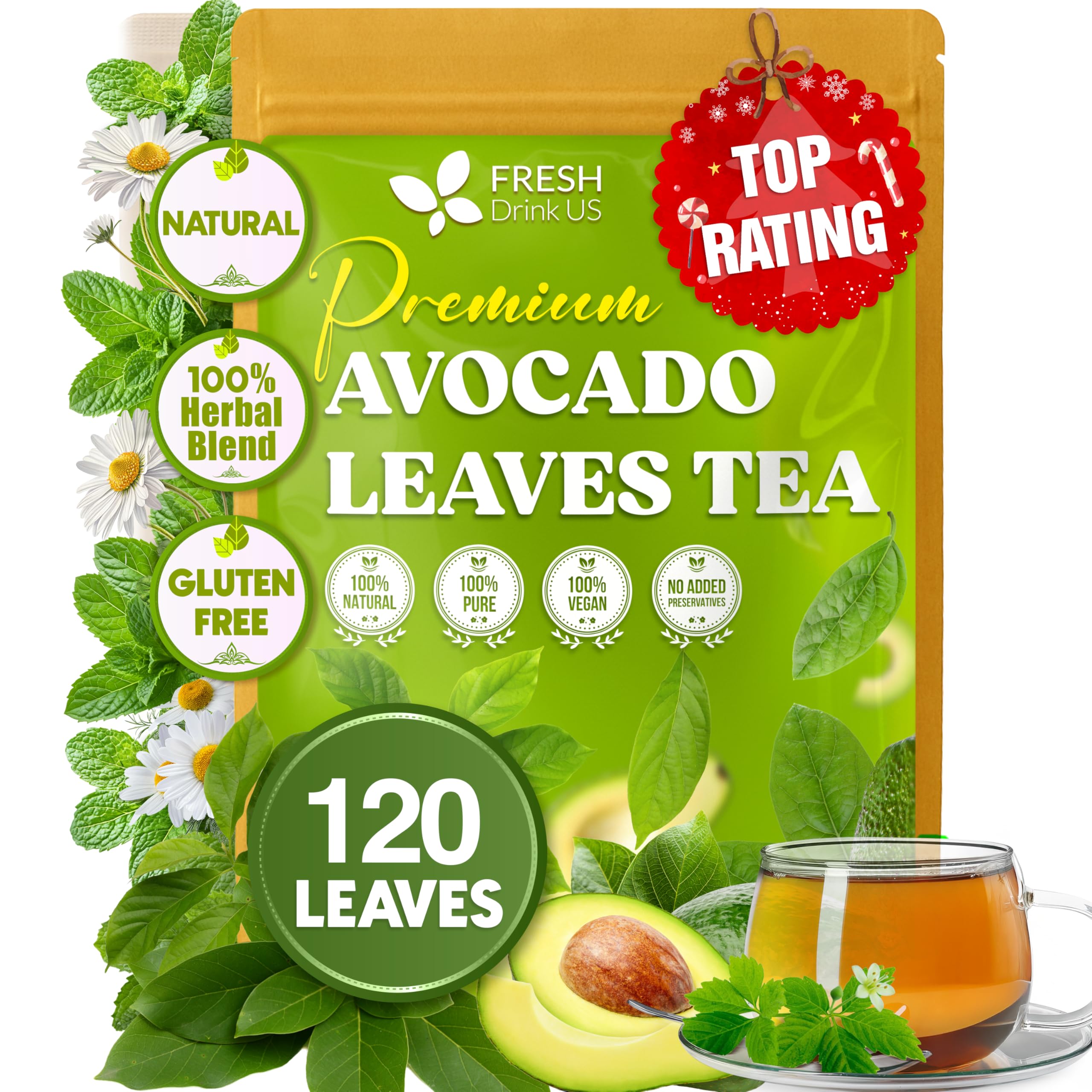 FreshDrinkUS, 120 Avocado Leaves - Loose Leaf - Premium Avocado Leaf Herbal Tea, Caffeine Free Botanical Tea Leaves for Hot or Iced Tea – Natural, Aromatic & Fresh Avocado Leaves