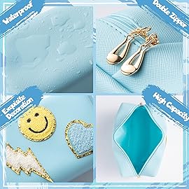 LieToi Preppy Patch Cosmetic Toiletry Bag, PU Leather Portable Waterproof Makeup Bag Smile Lightning Heart Organizer Compliant Bag Daily Travel Use Storage Purse for Women Girls (Large, Canal Blue)