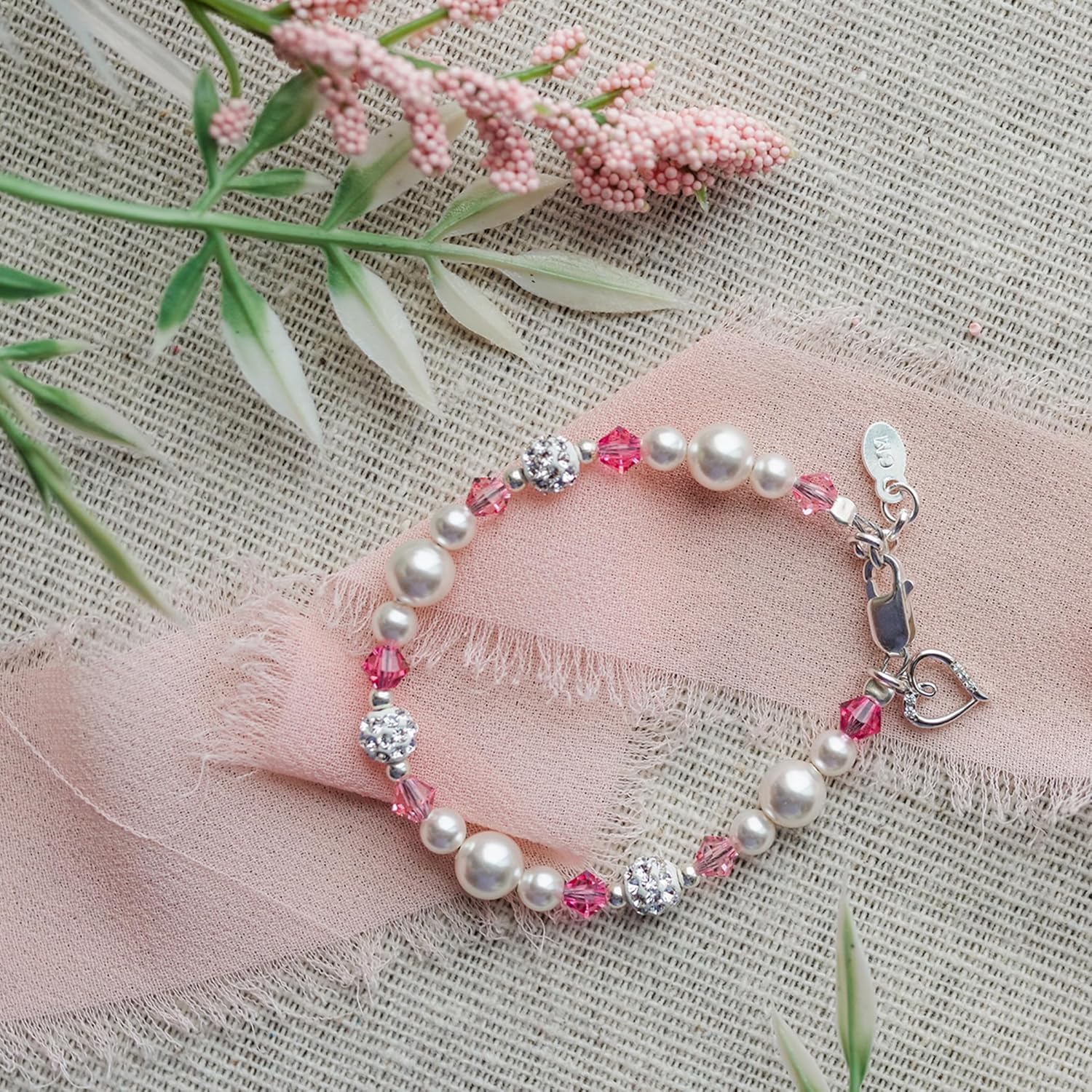Cherished Moments 925 Sterling Silver Charm Bracelet for Babies, Toddlers, Kids or Little Girls with Simulated Pearls, Pink Crystals and Heart, Gift for Birthday or Granddaughter