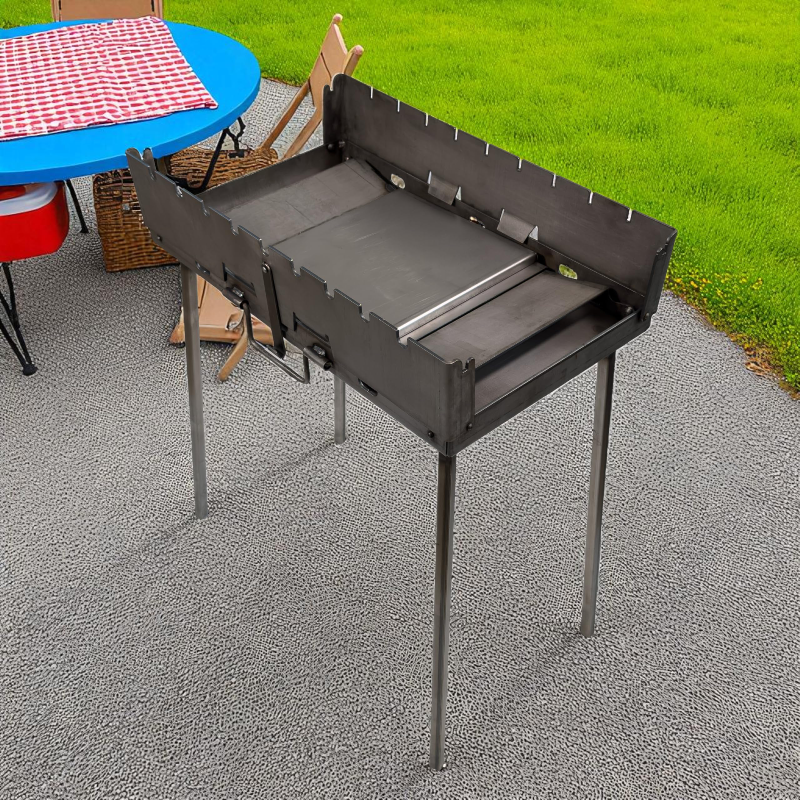 Barbecue portable Transformer avec 2 tables pliantes - Barbecue au charbon de bois pliable pour 9 brochettes - En acier de 3 mm - Pliable comme valise avec poignée - Idéal pour le jardin, le