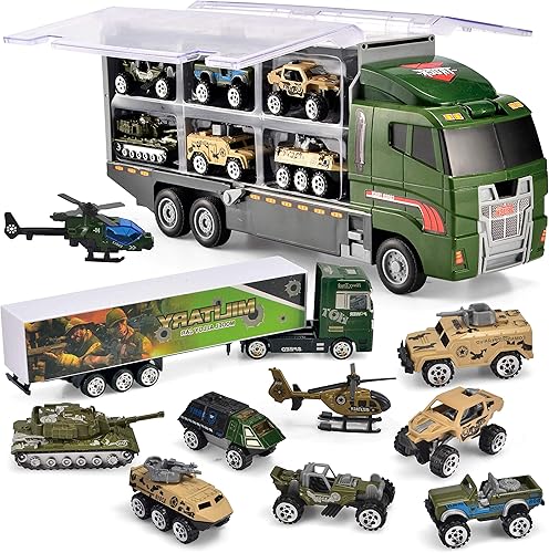 Miniatura 1 de Joyfia Juguete de vehículo militar 10 en 1 juguete de transporte del ejército para niños y niños juguete de camión con mini juegos de coches de