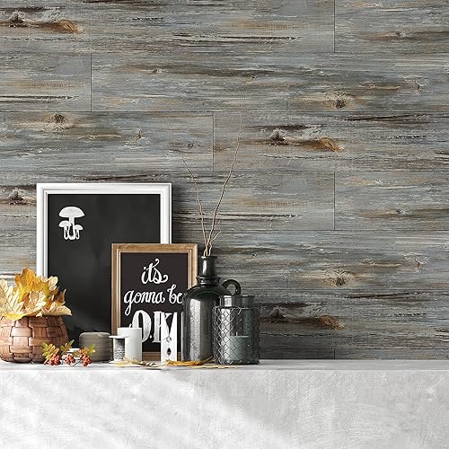 Miniatura 7 de VEELIKE Paquete de 12 pisos de vinilo de madera reciclada azul de 6 x 36 pulgadas, despegar y pegar, impermeable, aspecto de madera, tablones de