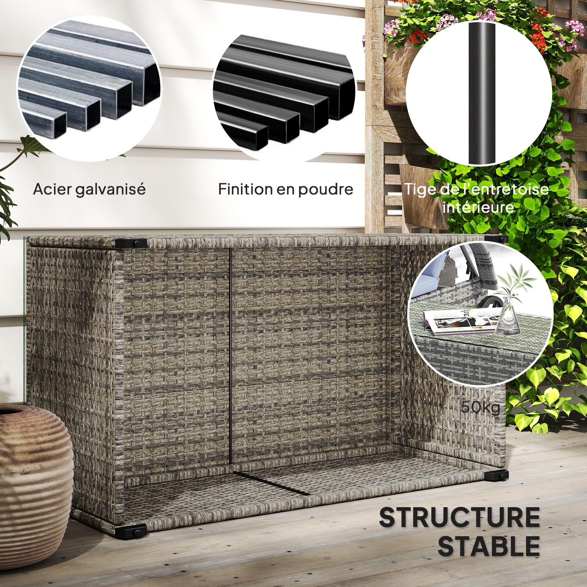 Outsunny Table Basse de Jardin, Table d'appoint en résine tressée Aspect rotin, Plateau en Verre trempé, Cadre en Acier, 90 x 50 x 38 cm, Gris foncé