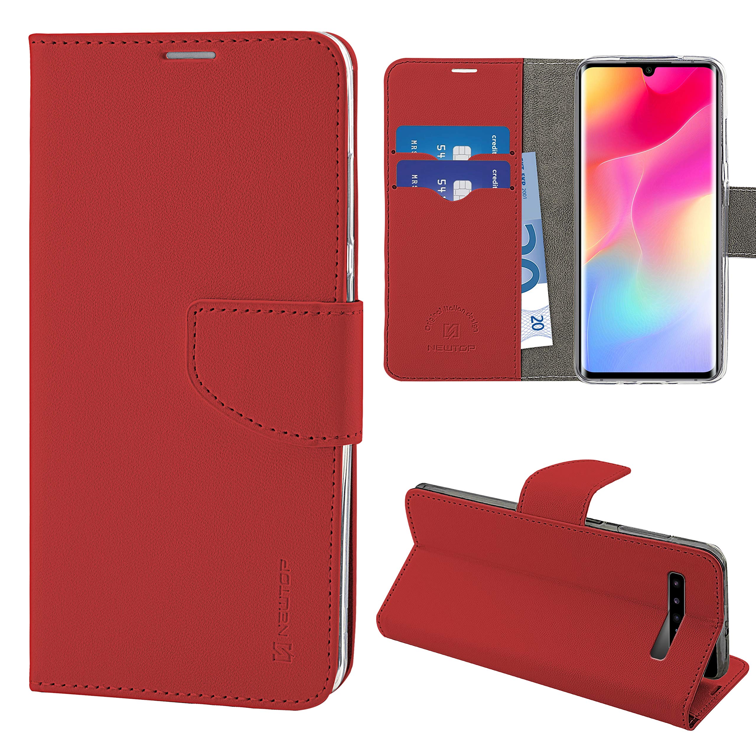 N NEWTOP Cover Compatibile per Xiaomi Mi Note 10 Lite, HQ Lateral Custodia Libro Flip Chiusura Magnetica Portafoglio Simil Pelle Stand (Rosso
