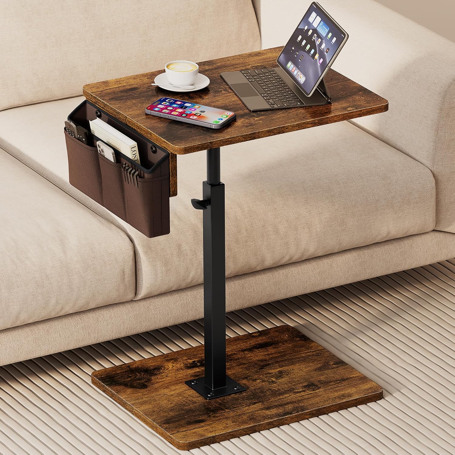 Vagusicc Sofa Armrest Tray Table for Couch, 360° Swivel Height Adjustable TV Tray Table for Small Spaces, Snack Side Table for Couch, Bed, Chair, C Shaped End Side Table for Eating, Reading, Laptop