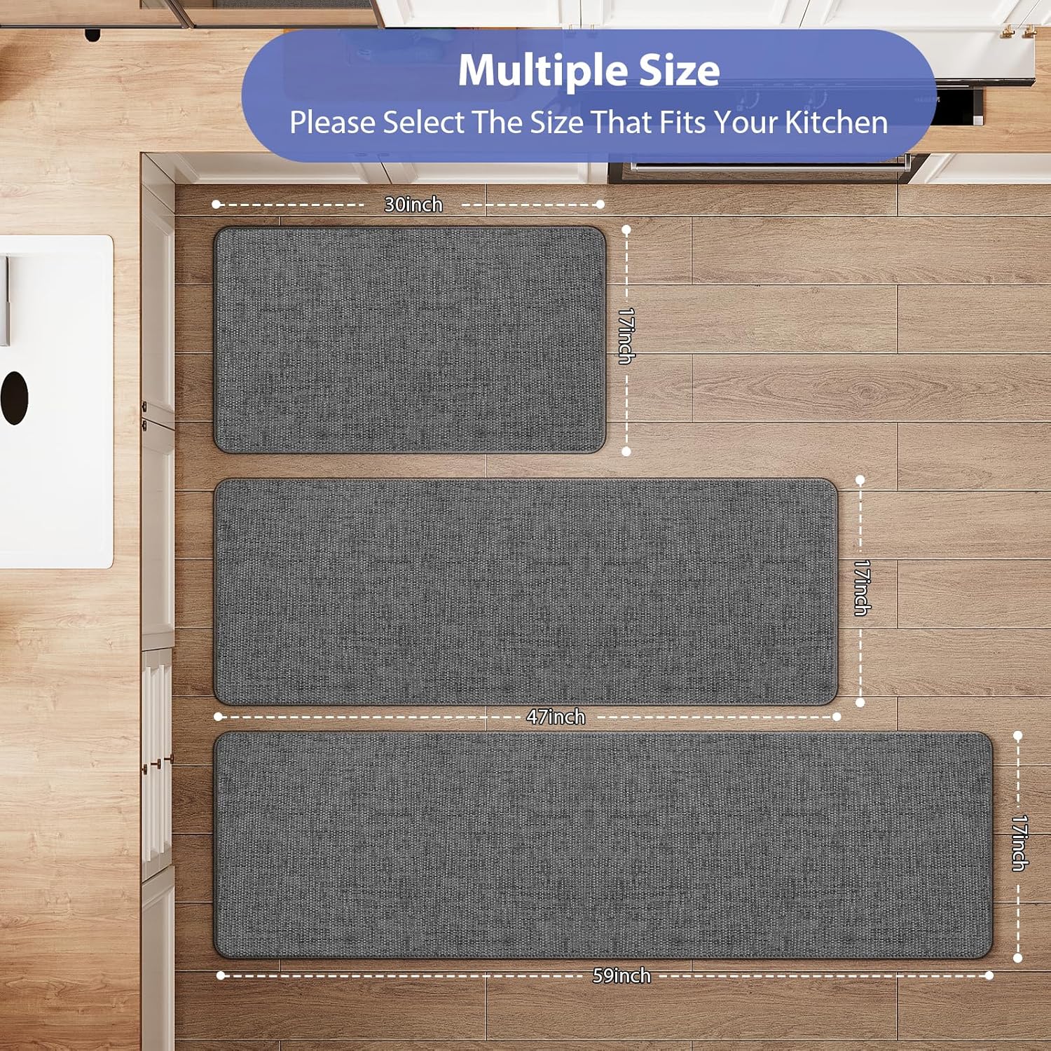 Non Slip Kitchen Runner Rugs Mat Washable Linen-Like Thin Kitchen Mats for Floor, Rubber Backing Absorbent Stain Resistant Standing Mat Front of Sink Laundry, Easy Clean, Dark Gray 17"x59"