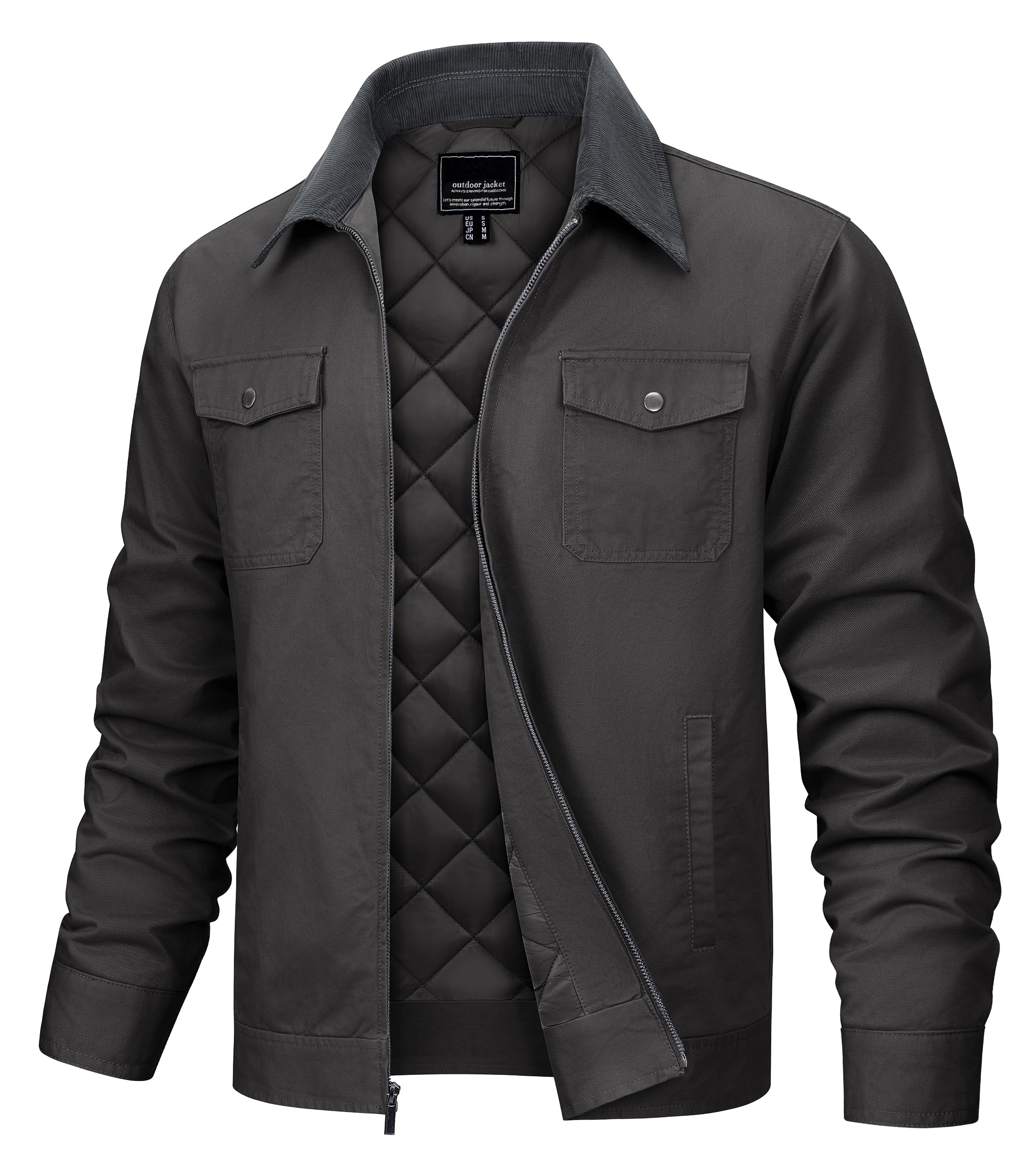TACVASEN Men's Casual Quilted Cotton Jacket Work Shacket for Fall & Winter | Corduroy Collar,5 Pockets,Zip-up,Lightweight,Windproof,Comfortable,Insulated,Sturdy,Versatile,Barn,Cargo,Business