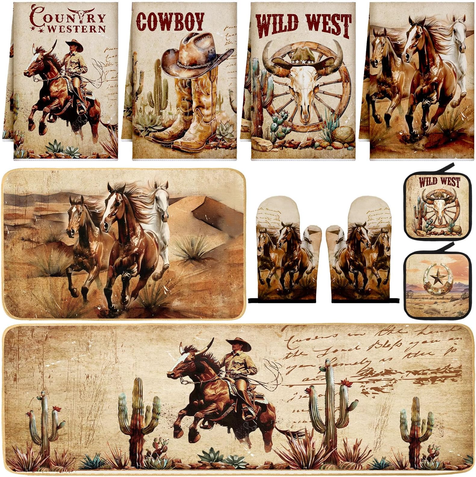 Fourluoo 10 Pcs Western Cowboy Kitchen Decor Oven Mitts and Pot Holders Set Western Cowboy Kitchen Accessories Vintage Dish Towels Farmhouse Rugs and Mats for Home Cooking Baking Housewarming Gifts