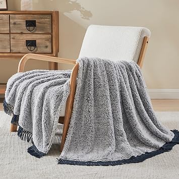 EMME Soft Sherpa Fleece Blanket with Tassel, Reversible Plush Fluffy Large Blanket, Light Weight Warm Decorative Boho Blanket Cover for Sofa, Couch, Bedroom,TravelTassel Navy,90"x90"