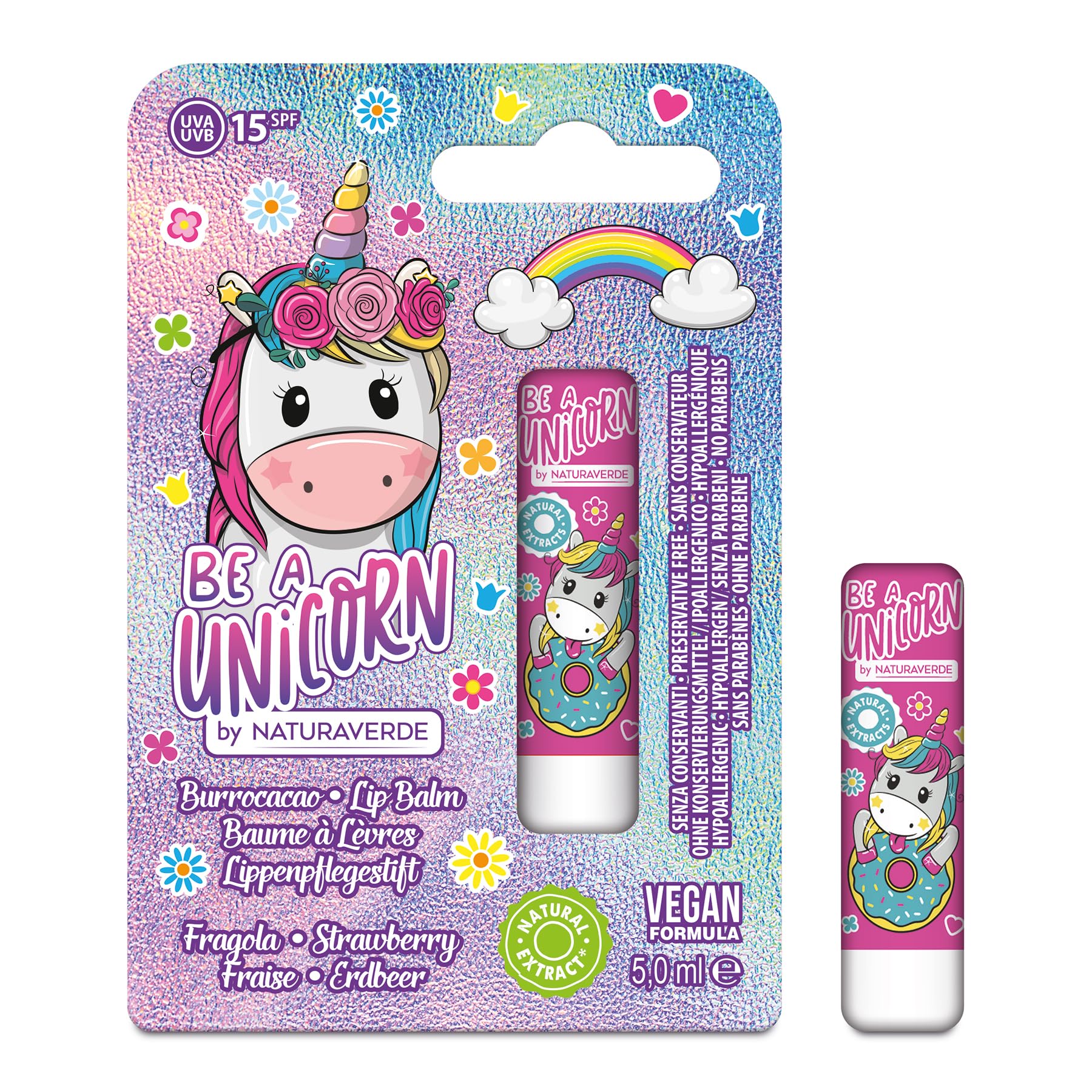 NATURAVERDE Kids -BE A UNICORN Burrocacao Fragola 5ml, Idratante e Protettivo, SPF 15, Ipoallergenico
